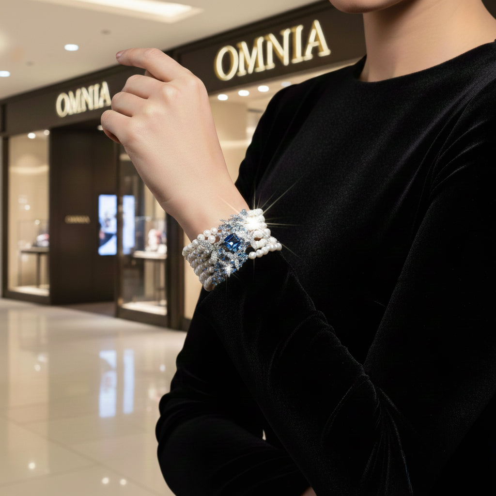 Omnia Blue Butterfly Pearl Bracelet in 92.5 Silver with High Quality Simulated Diamonds