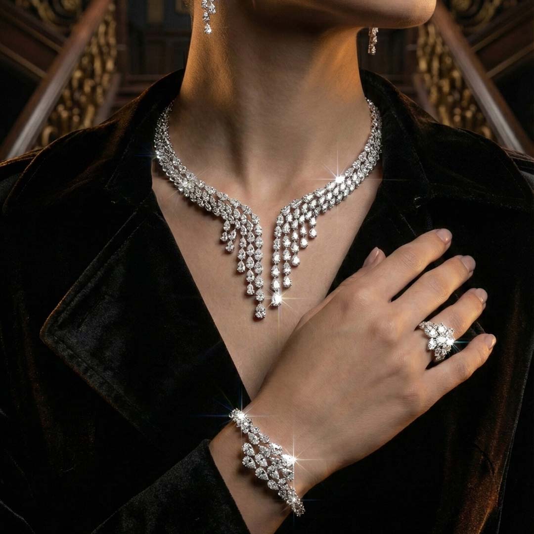 Omnia Senna Luxury Bridal White Full Set in High Quality Zircon Stone Rhodium Plated