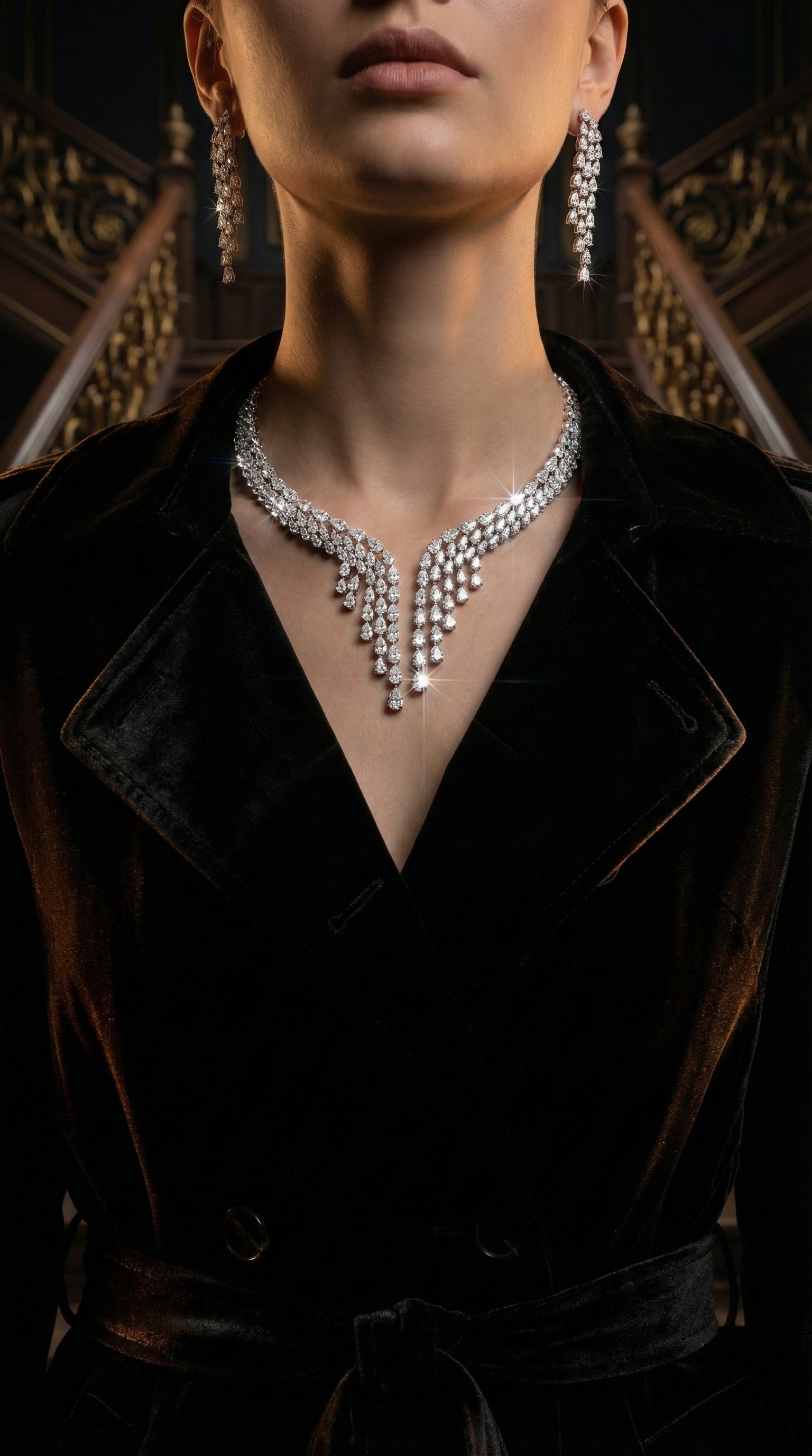 طقم زفاف فاخر من أومنيا سينا ​​باللون الأبيض، مرصع بأحجار الزركون عالية الجودة ومطلي بالروديوم.