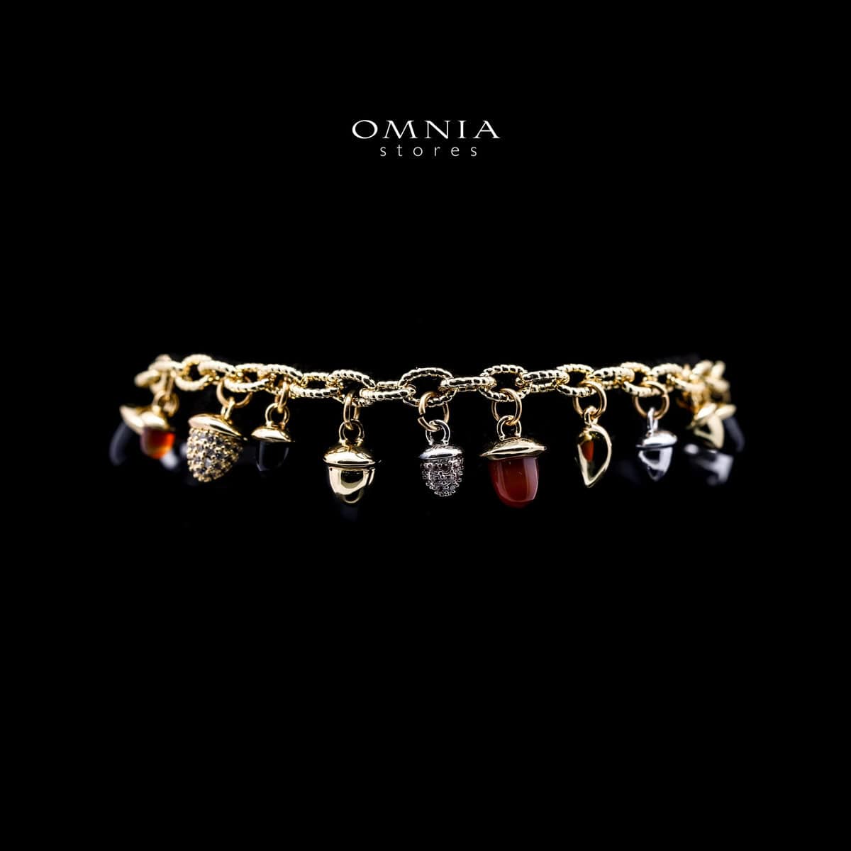 Omnia Sienna Black Agate and Red Agate Charm Bracelet with Zircon Accents in Brass with Gold Plated Finish - OMNIASTORES UAE