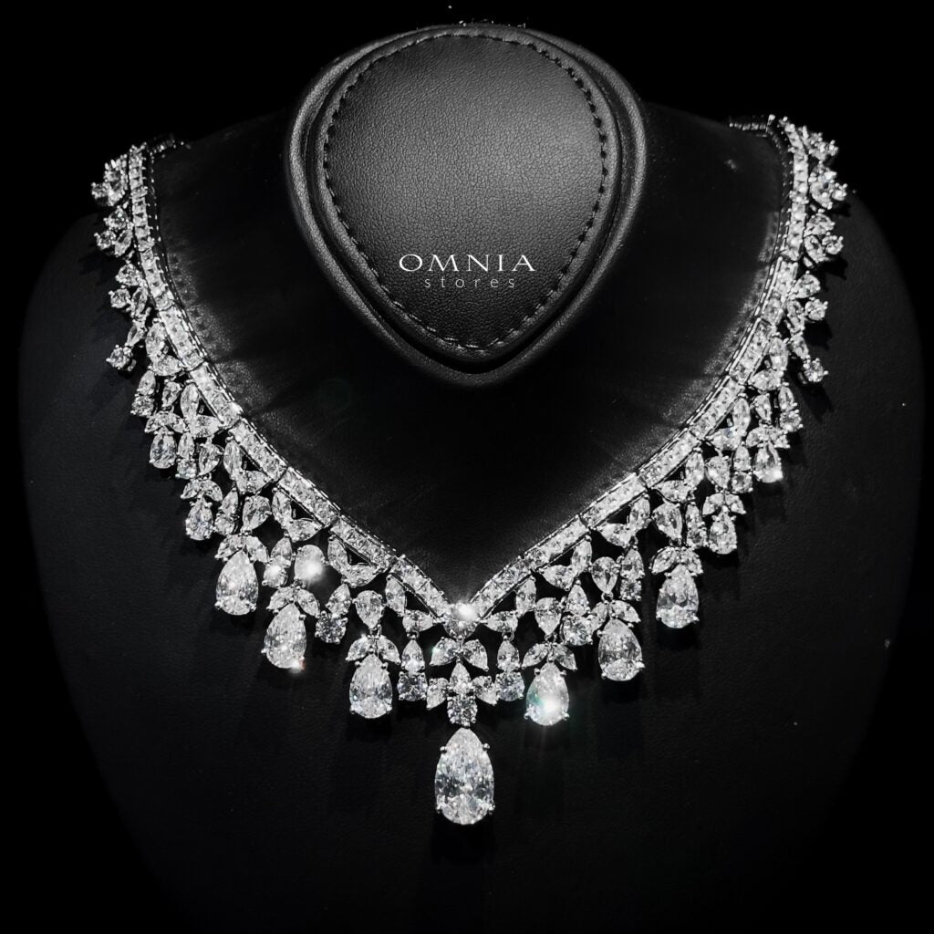 Omnia Princess White Luxury Bridal Full Set with Pear-Cut High-Quality Simulated Diamonds Rhodium Plated - OMNIASTORES UAE