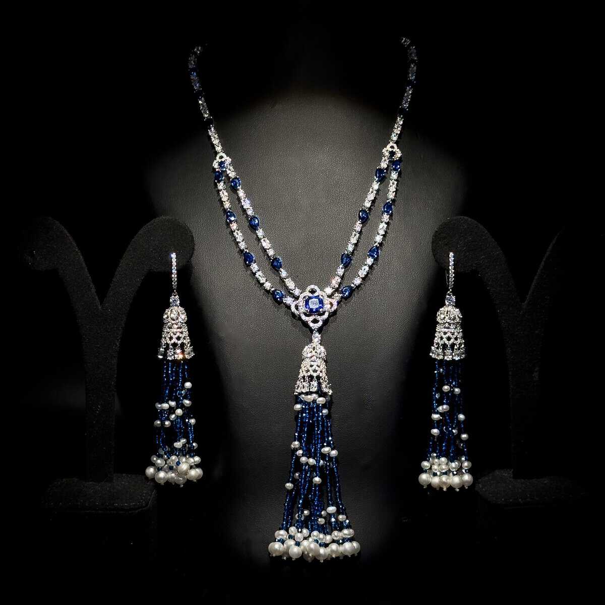 Omnia Mariella Sapphire Tassel Necklace and Earring Set in High-Quality Simulated Diamonds with Navy Accents - OMNIASTORES UAE
