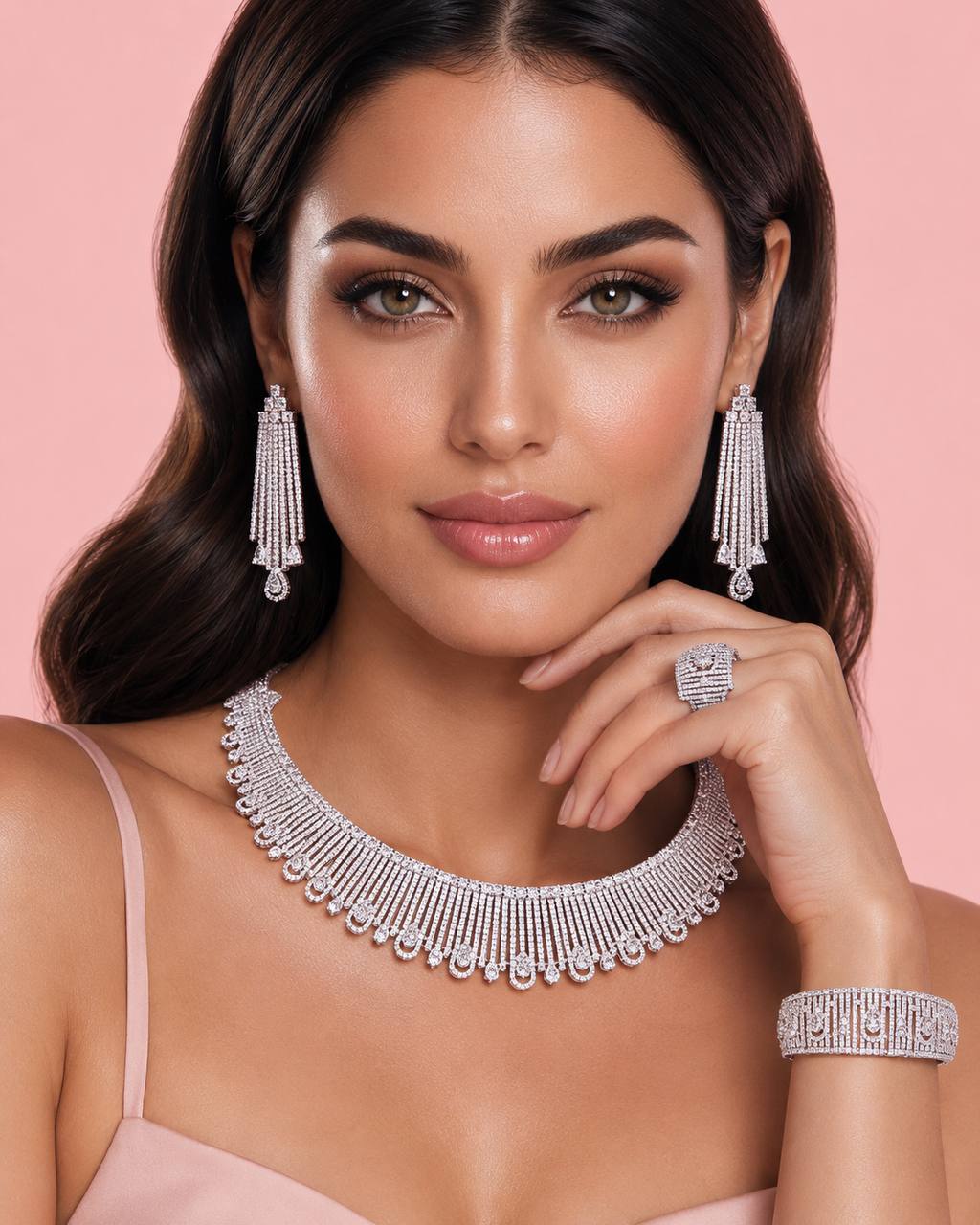 Katherine White Luxury Bridal Full Set in High Quality Rhodium Plated Zircon Stones