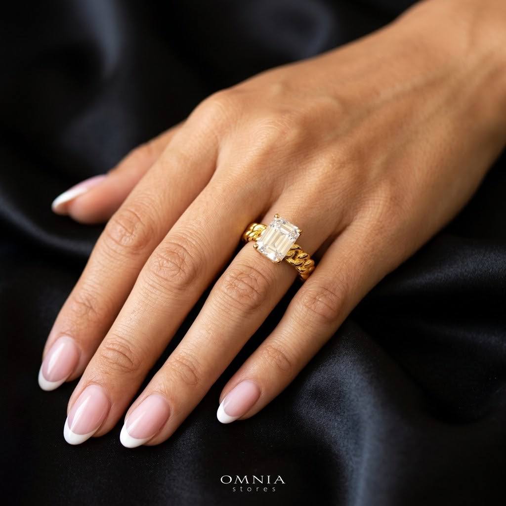 Keira Emerald-Cut Moissanite Ring 7x9mm (3CT) with Certificate in 925 Sterling Silver Gold Plated