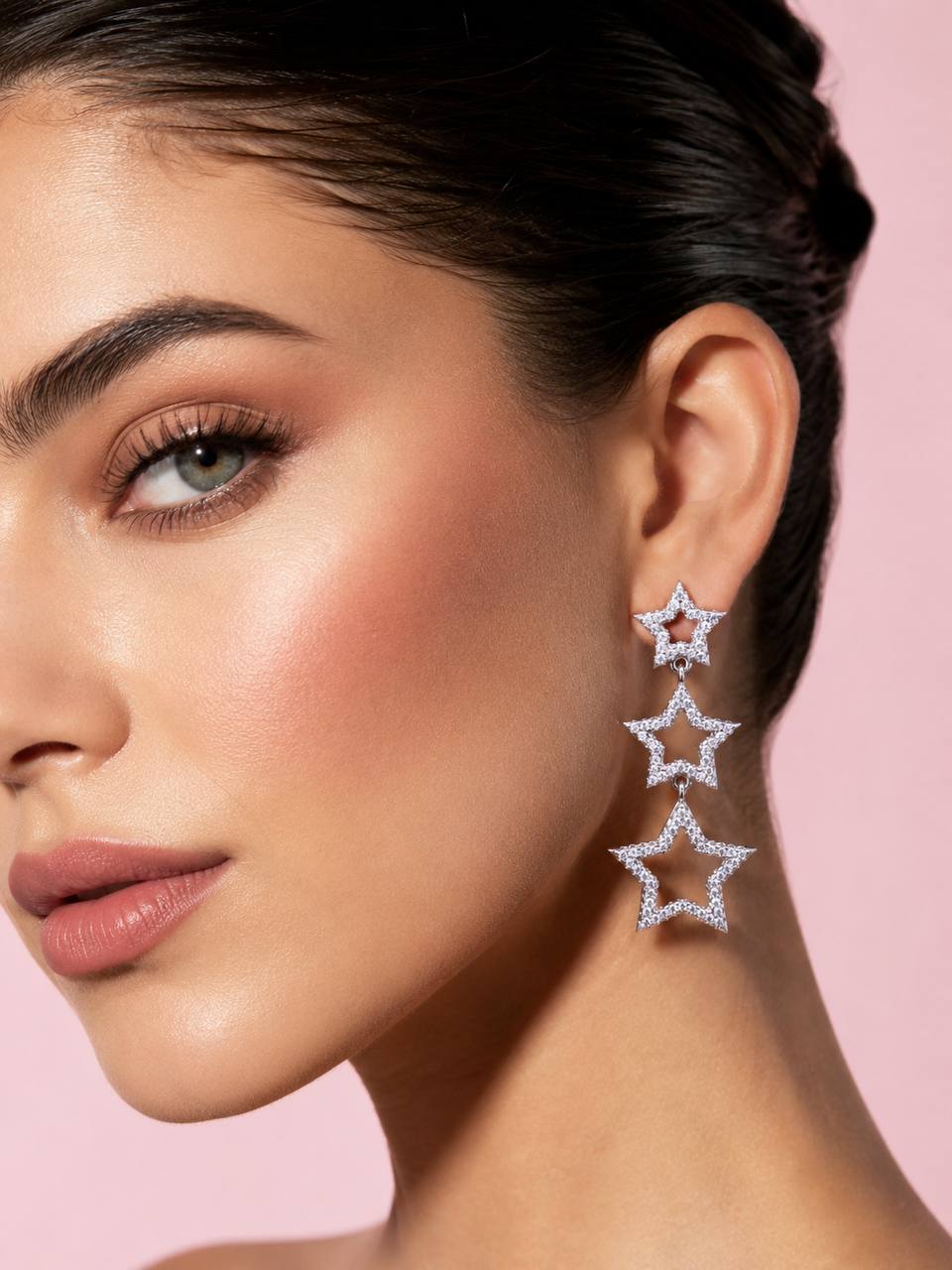 Kelahni Triple Star Drop Earrings — 925 Sterling Silver with Premium Simulated Diamonds