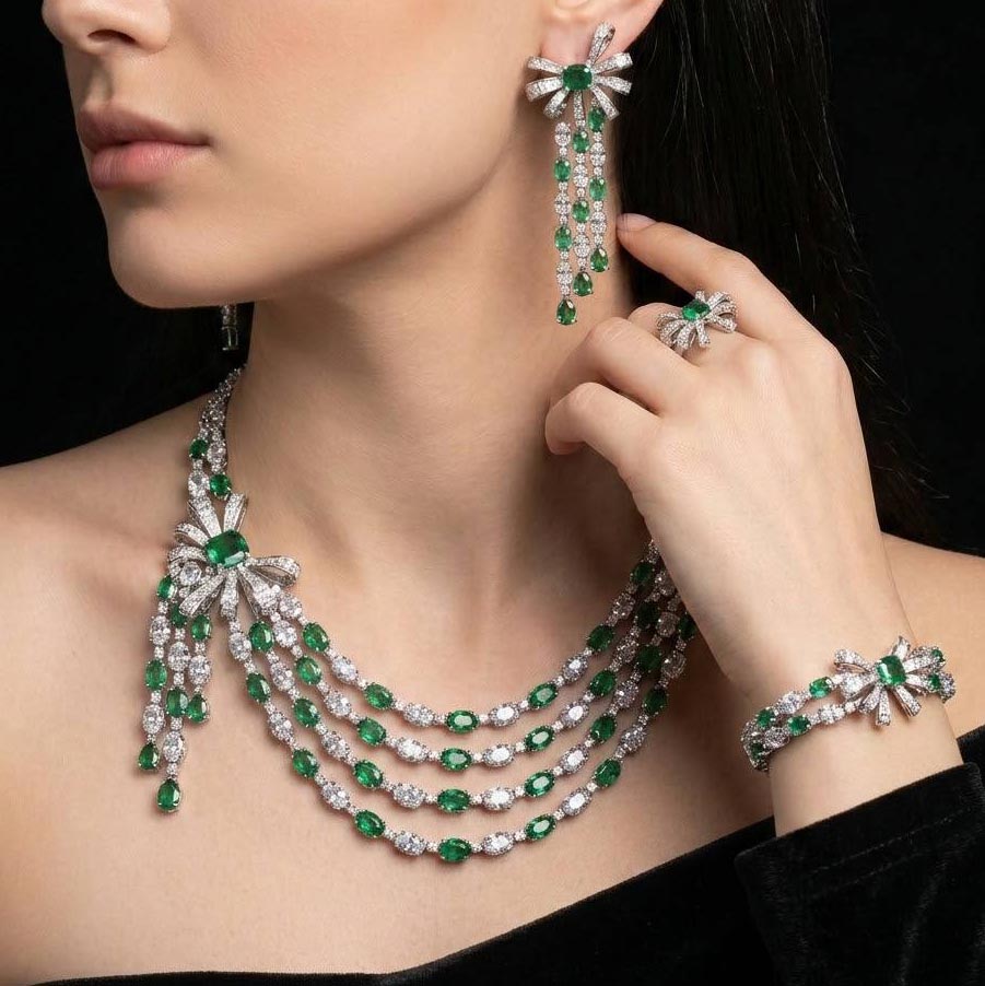 Omnia Mawada Green Bridal Full Set with Elegant Bow-Accent Design and High-Quality Zircon Stones in Rhodium Plated Finish