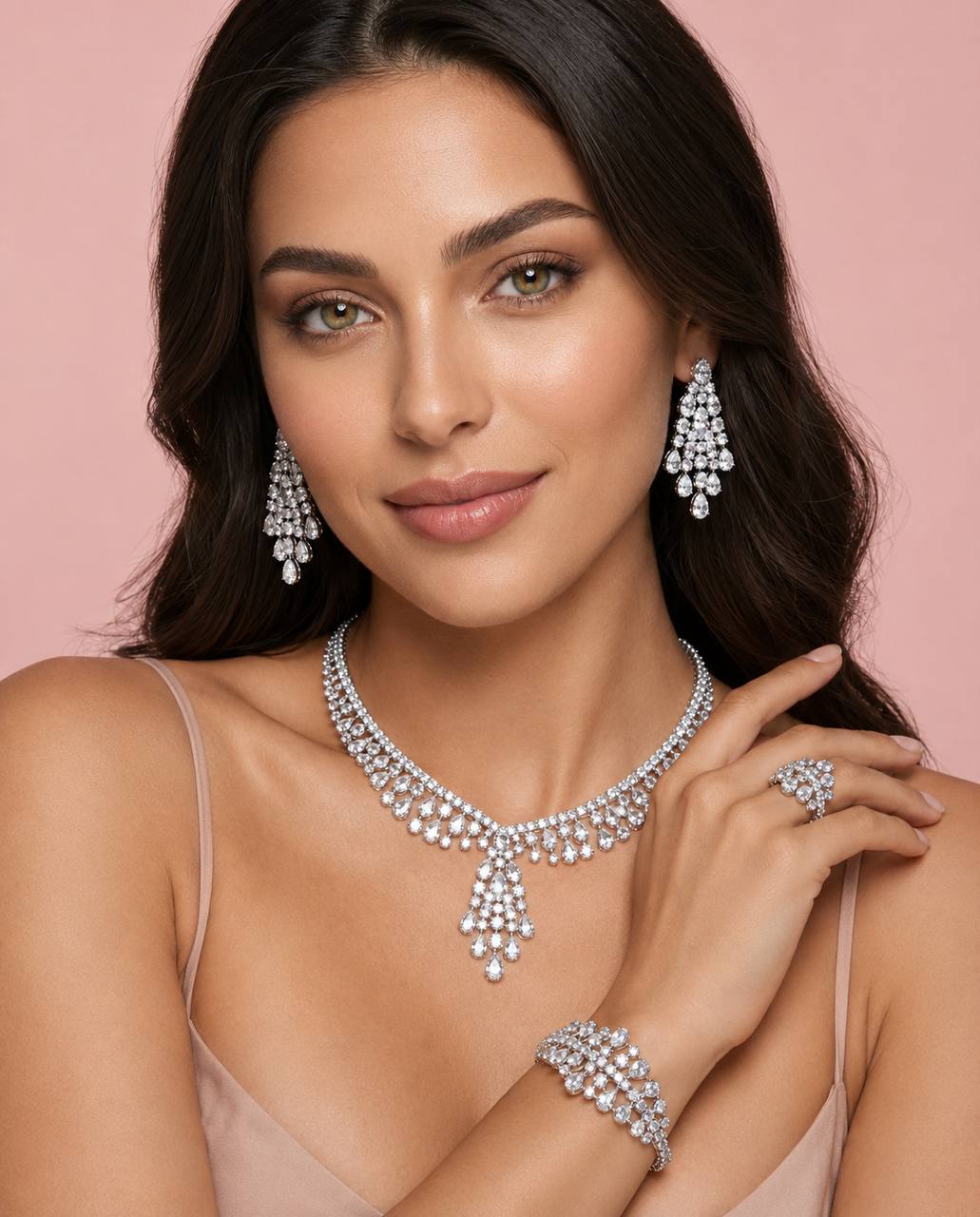 Omnia Minerva Luxury Bridal Full Set Accessories in High Quality Zircon Stone in Rhodium Plated