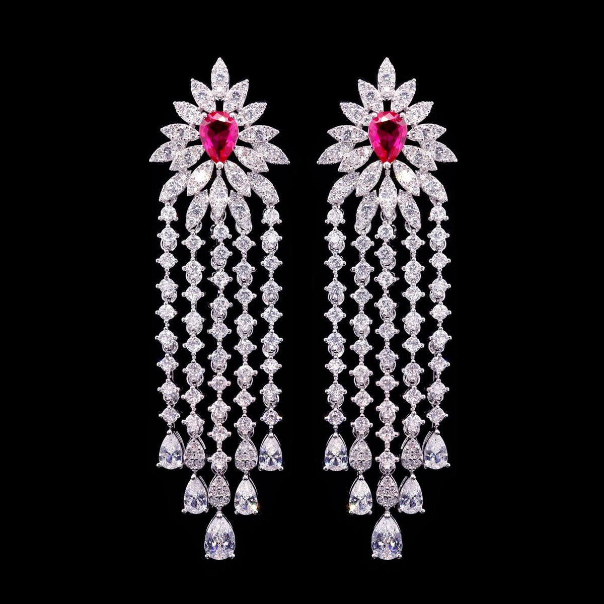 Myra Red Luxury Bridal Earring with High-Quality Zircon Stones Rhodium-Plated Finish