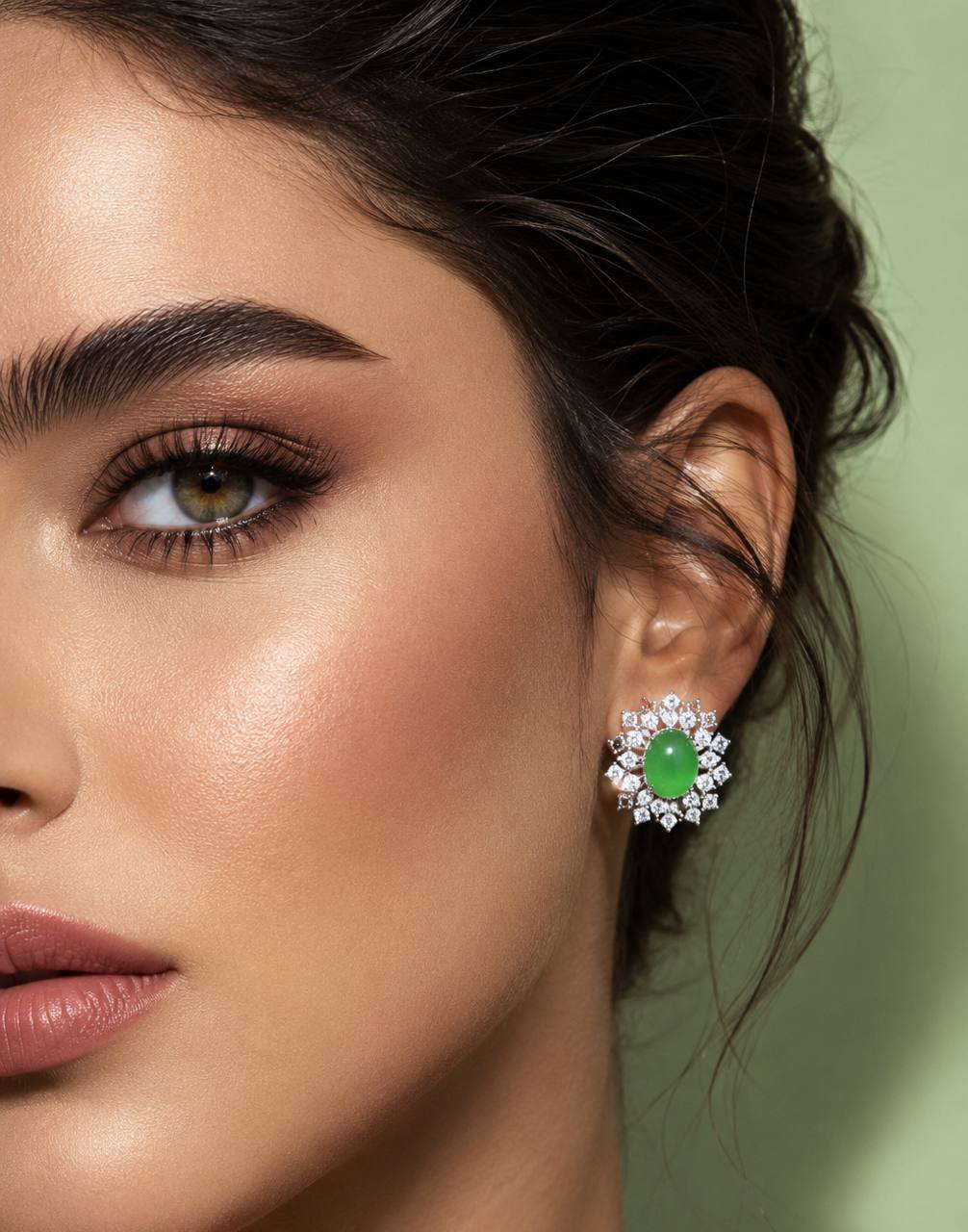 Omnia Nadia Green and White Silver Stud Earrings in 925 Silver High Quality Simulated Diamond Stones