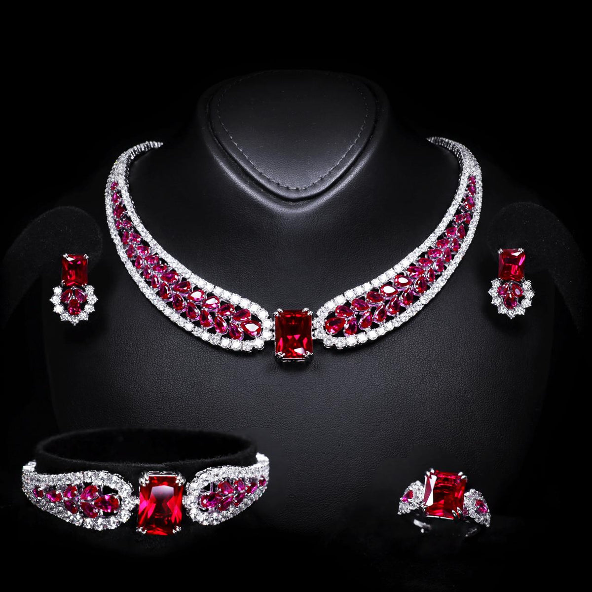 Nadirra Ruby Red Luxury Bridal Full Set with High-Quality Zircon Stones Premium Rhodium Plating