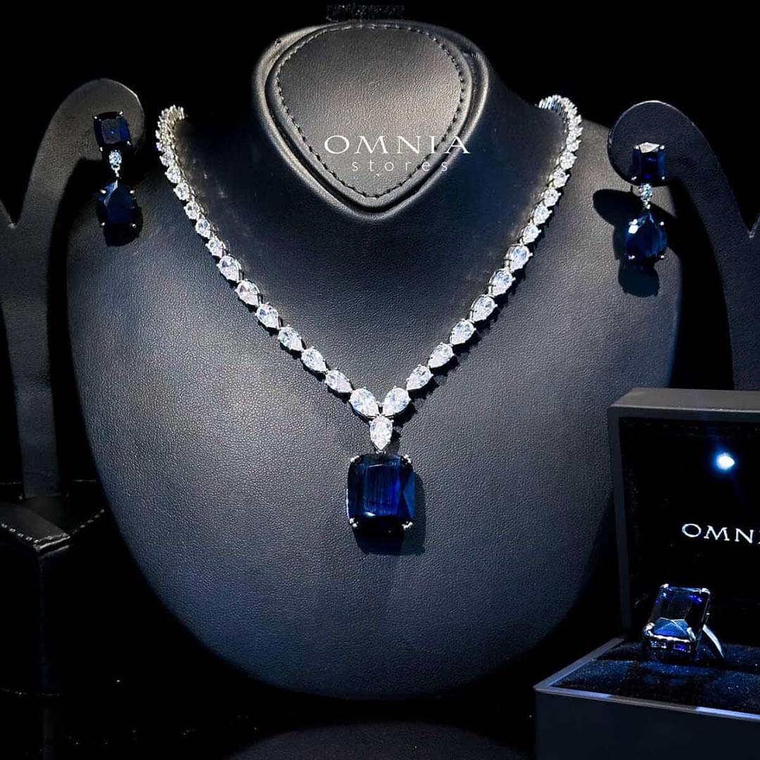 Omnia Audrey Blue Luxury Bridal Full Set in High Quality Simulated Diamonds with Cushion Cut Stones, Rhodium Plated