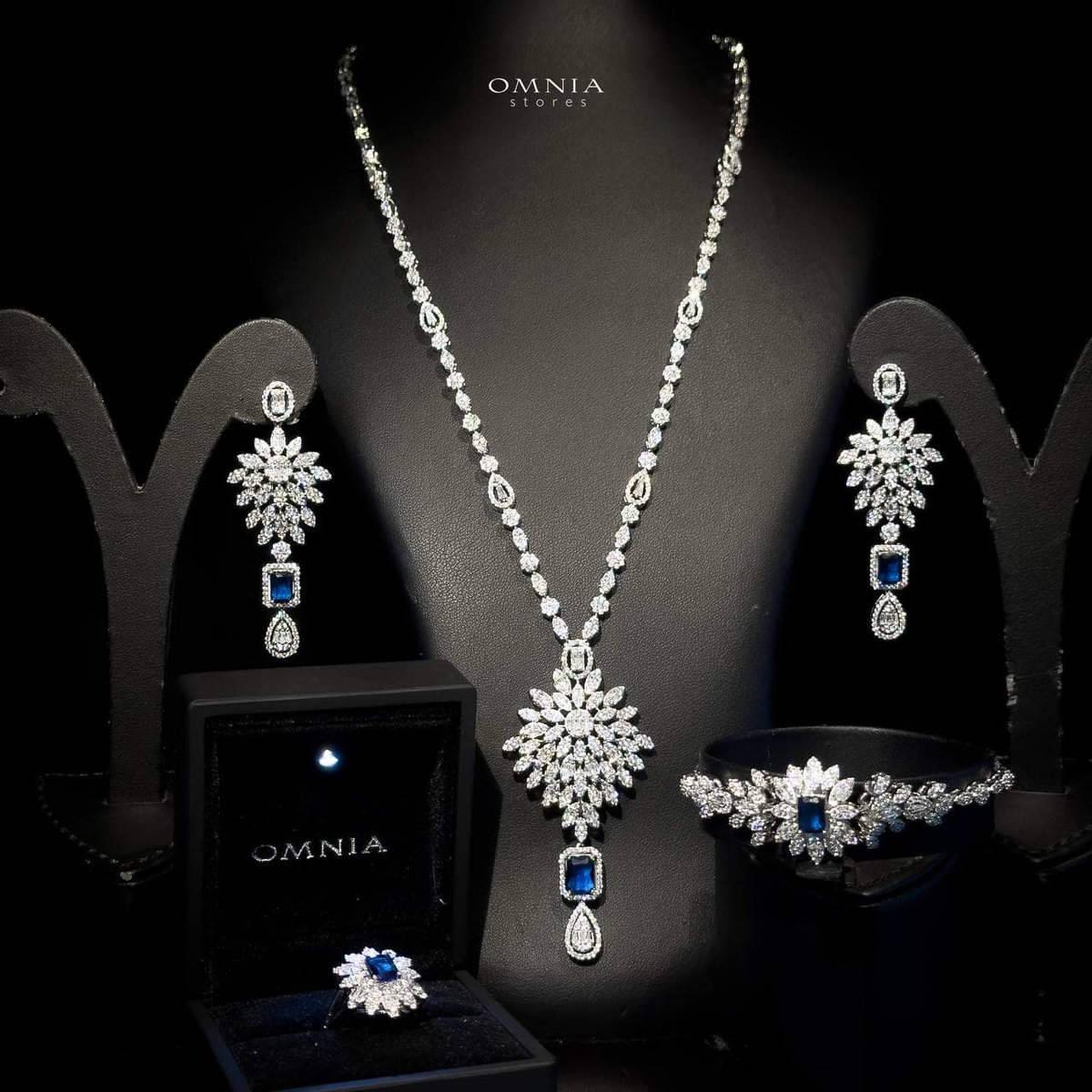 Omnia Duha Blue Long Chain Full Set Accessories in High Quality Zircon Stone Rhodium Plated - OMNIASTORES UAE