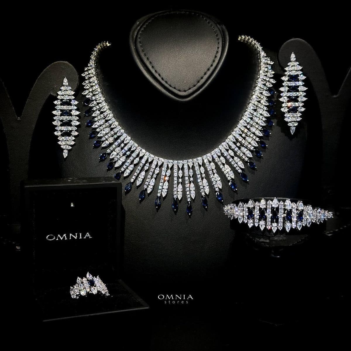 Omnia Lana Blue Bridal Full Set in High Quality Zircon Stone Rhodium Plated - OMNIASTORES UAE