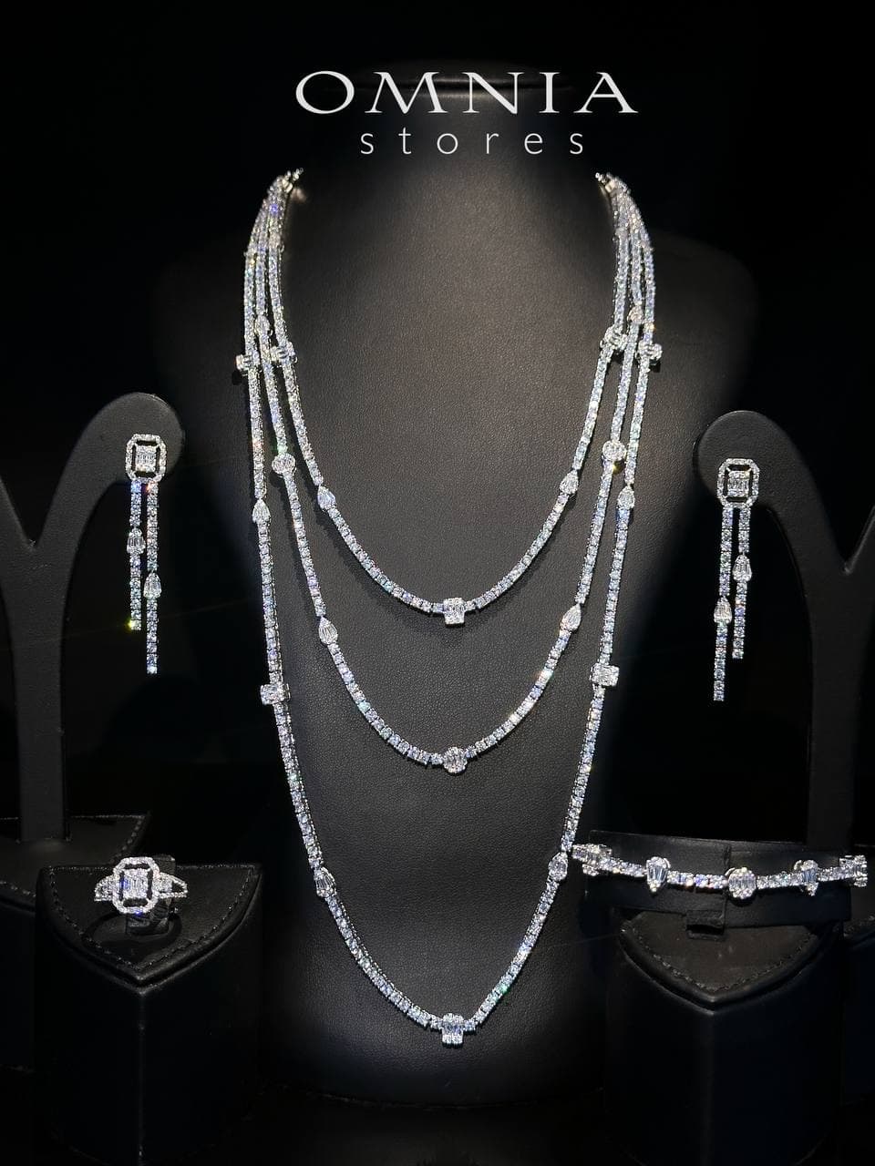 Omnia Layina White Long chain Full Set Accessories in High Quality Zircon Stone Rhodium Plated - OMNIASTORES UAE