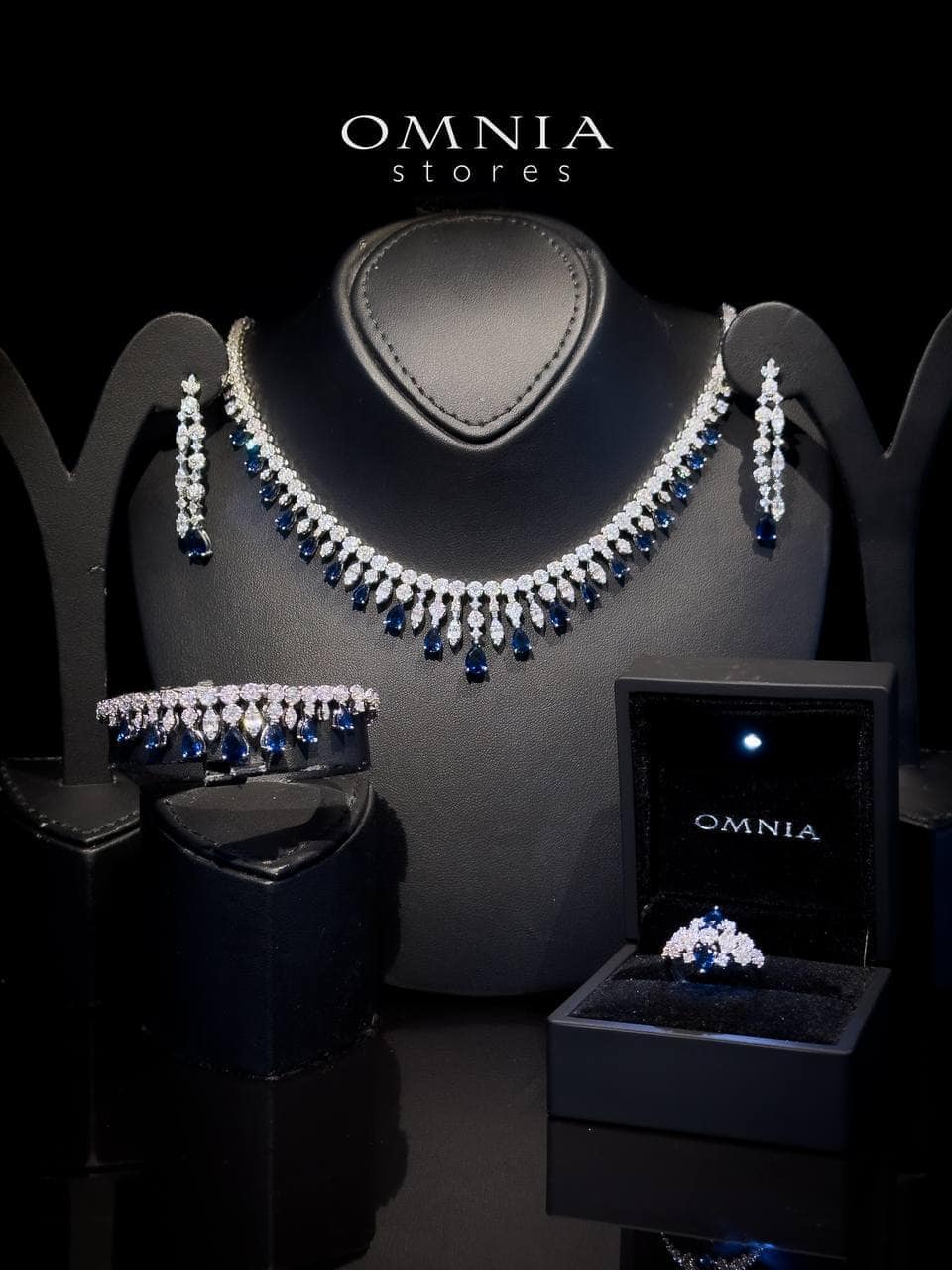Omnia Syla Blue Collar type Full Set High Quality Zircon Stone in Rhodium Plated - OMNIASTORES UAE