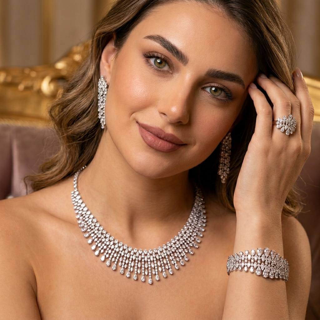 طقم صبرية الملكي – طقم زفاف كامل بتصميم "الهدب" المرصع بأحجار الزركون الفاخرة ومطلي بالروديوم