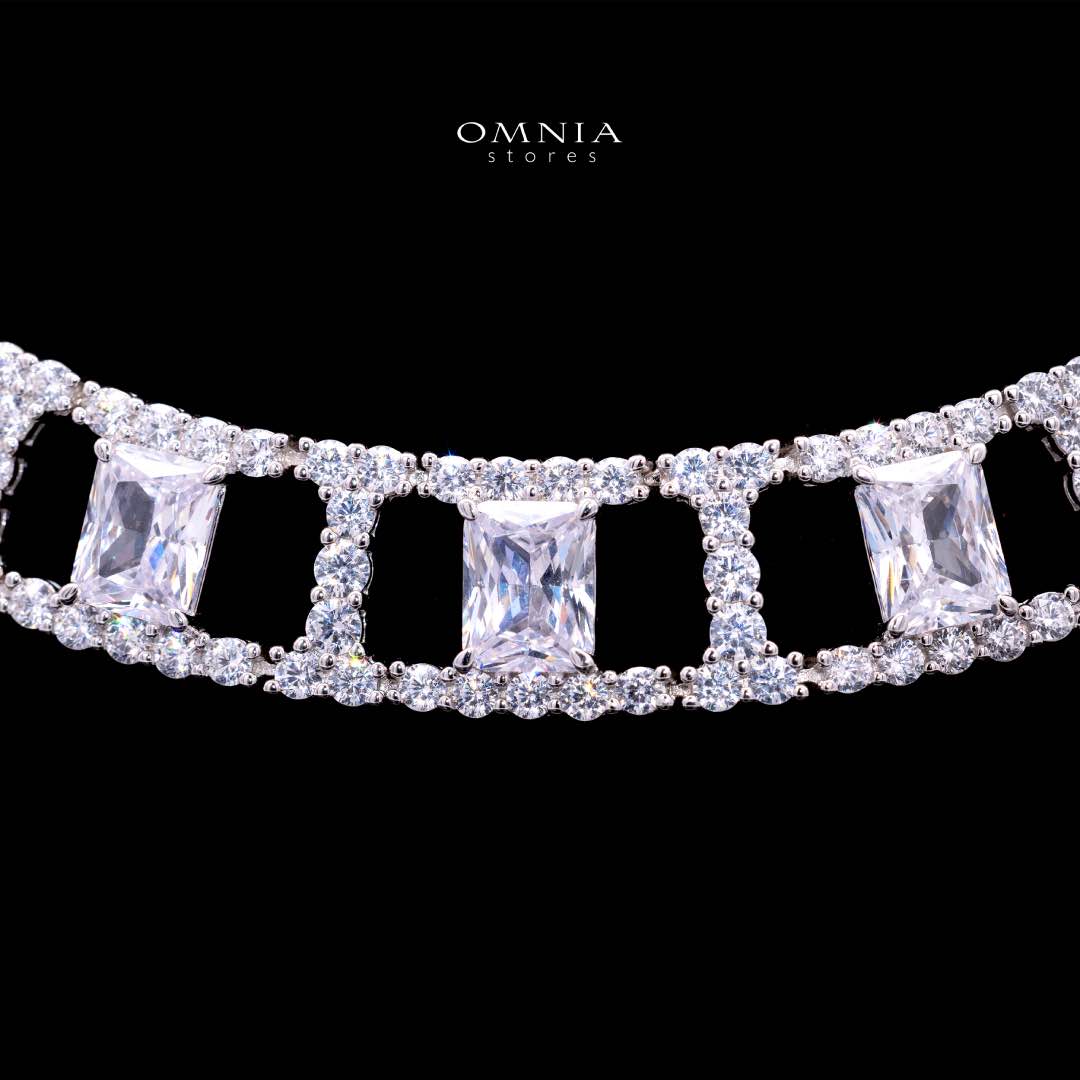 Omnia Alessandra White Necklace in 925 Silver with Emerald-Cut High-Quality Simulated Diamonds