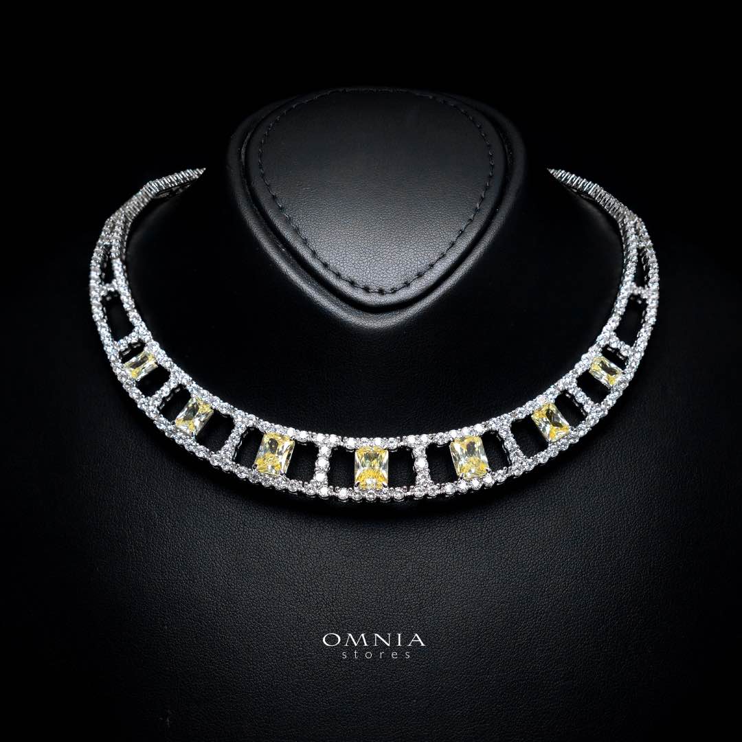 Omnia Alessandra Yellow Necklace in 925 Silver with Emerald-Cut High-Quality Simulated Diamonds