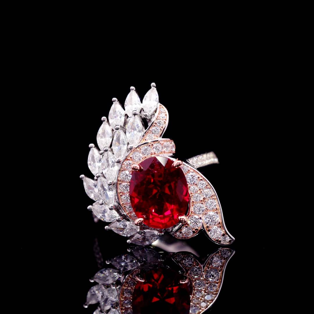 Omnia Bariza Maroon Necklace & Ring Set in 925 Silver with Oval and Marquise-Cut High-Quality Simulated Diamonds