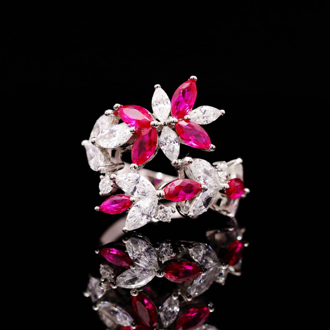 Omnia Abla Maroon Bridal Set in 925 Silver with Marquise and Pear-Cut High-Quality Simulated Diamonds