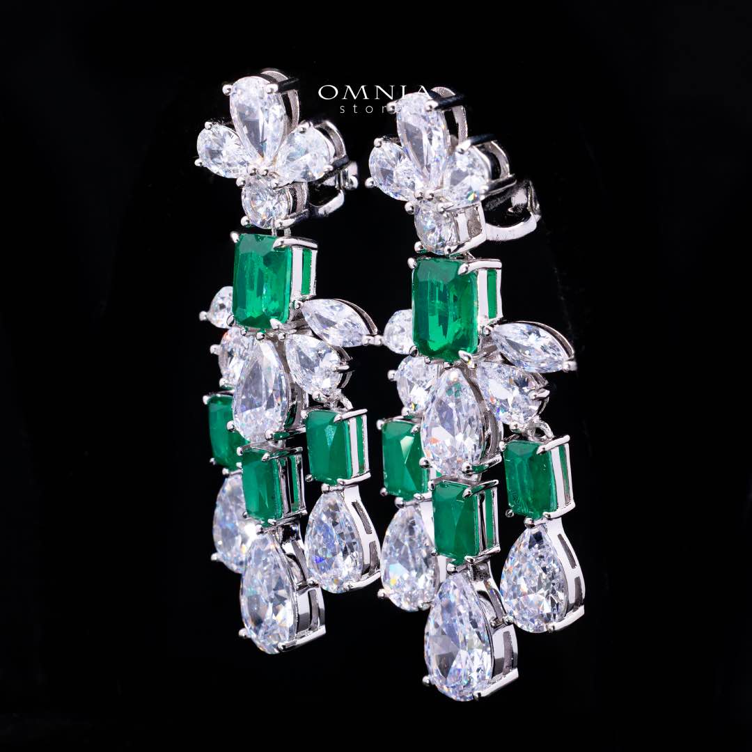 Omnia Ranim White and Green Floral Drop Earrings With High Quality Simulated Diamonds In 925 Silver