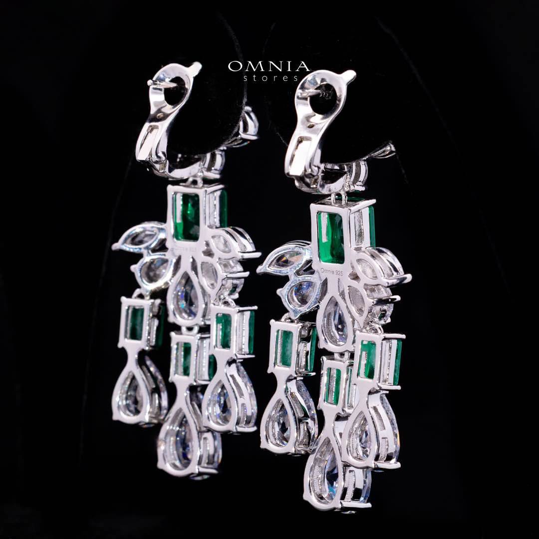 Omnia Ranim White and Green Floral Drop Earrings With High Quality Simulated Diamonds In 925 Silver