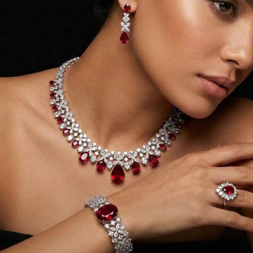 Omnia Suhana Red Bridal Full Set in High Quality Simulated Diamonds