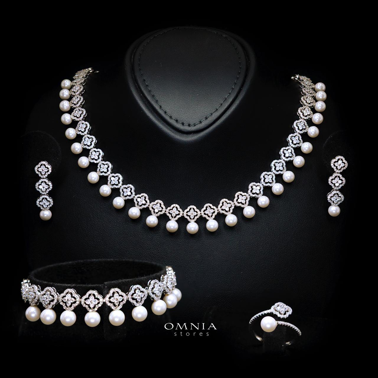 Omnia Sahira Pearl Bridal Full Set in 925 Silver with High-Quality White Zircon Stones