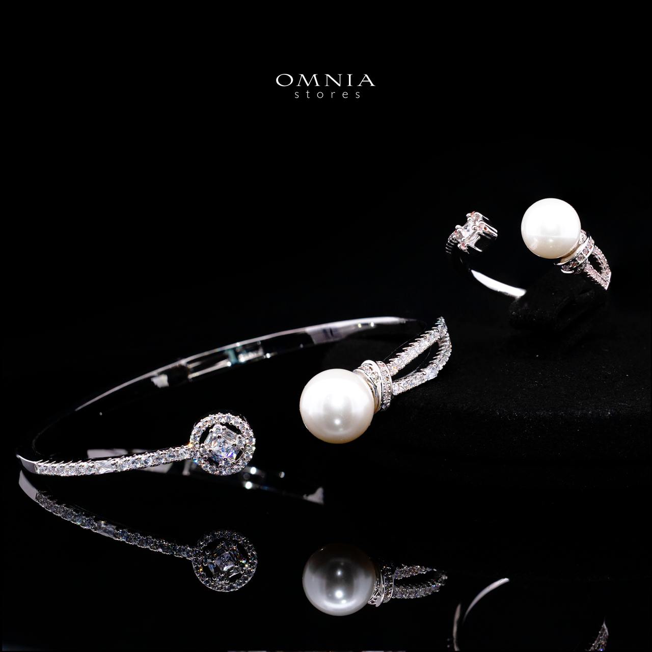 Nilda Pearl Bangle & Ring Set with Premium Simulated Diamonds in Rhodium-Plated Alloy