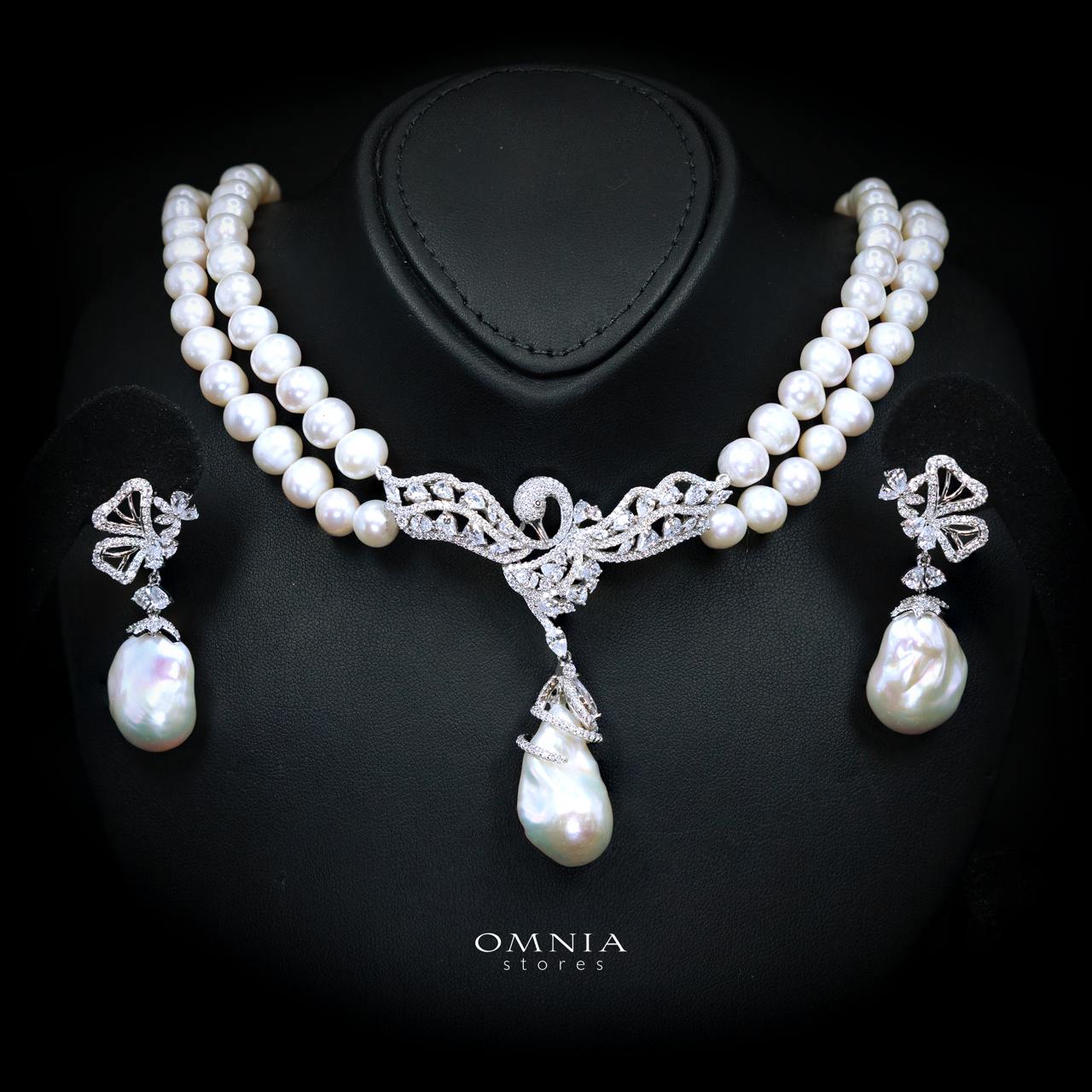 Talinara Pearl Necklace and Earrings Set with High-Quality Premium Simulated Diamonds in 925 Sterling Silver