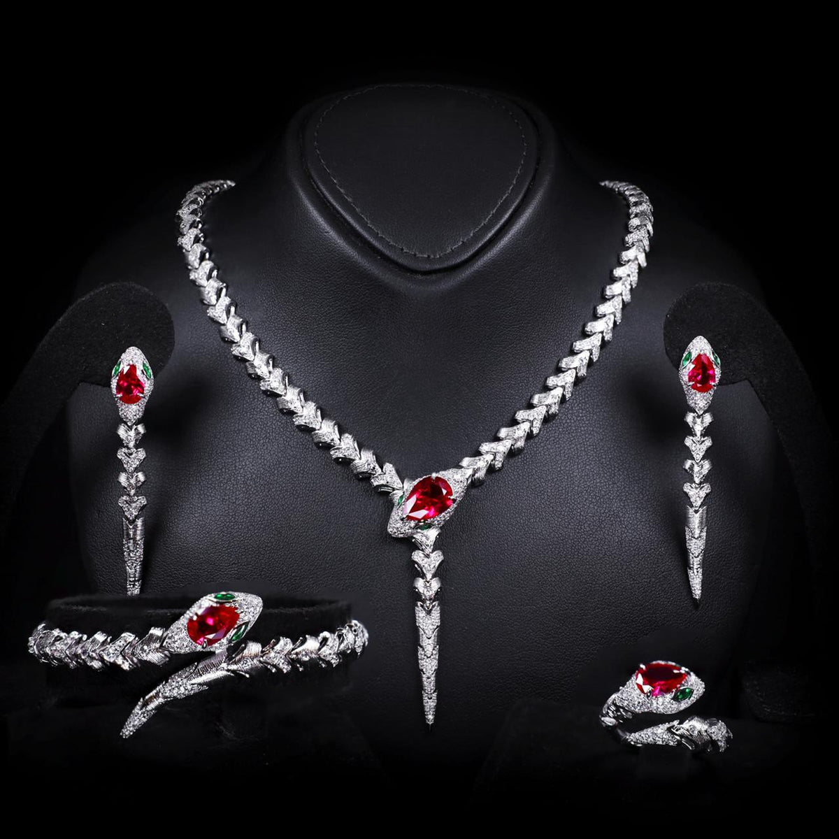 Adriana Red Luxury Bridal Full Set with High-Quality Zircon Stones Rhodium Plated