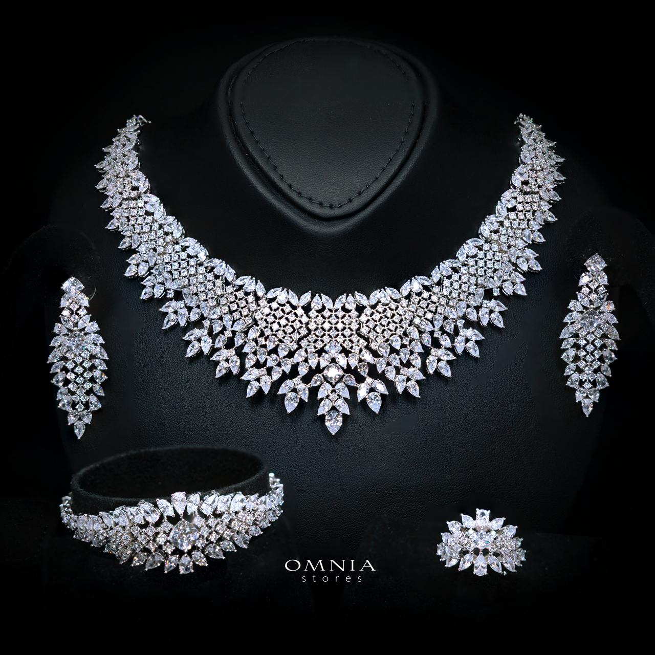 Haneeza White Luxury Bridal Full Set with High-Quality Simulated Diamonds, Rhodium Plated