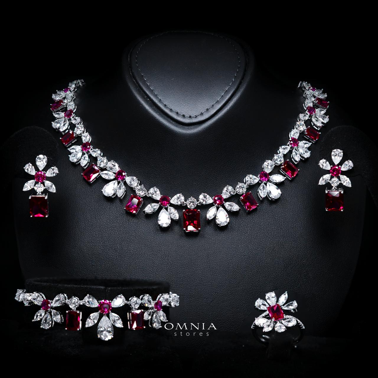 Rizza Ruby Red Luxury Bridal Full Set with High-Quality Simulated Diamonds – Rhodium Plated