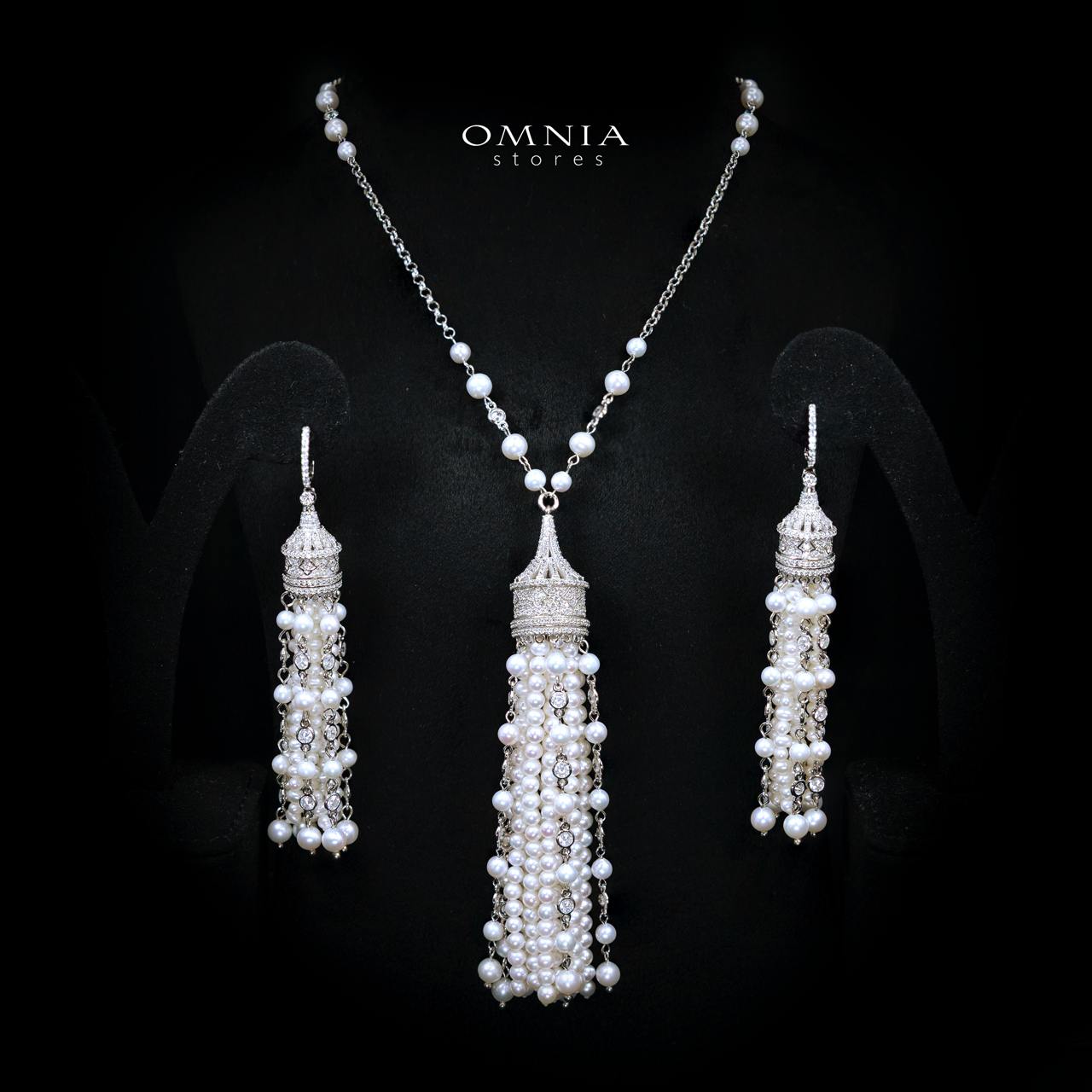 Nuriyah Pearl Necklace and Earrings Set with High-Quality Premium Simulated Diamonds in 925 Sterling Silver