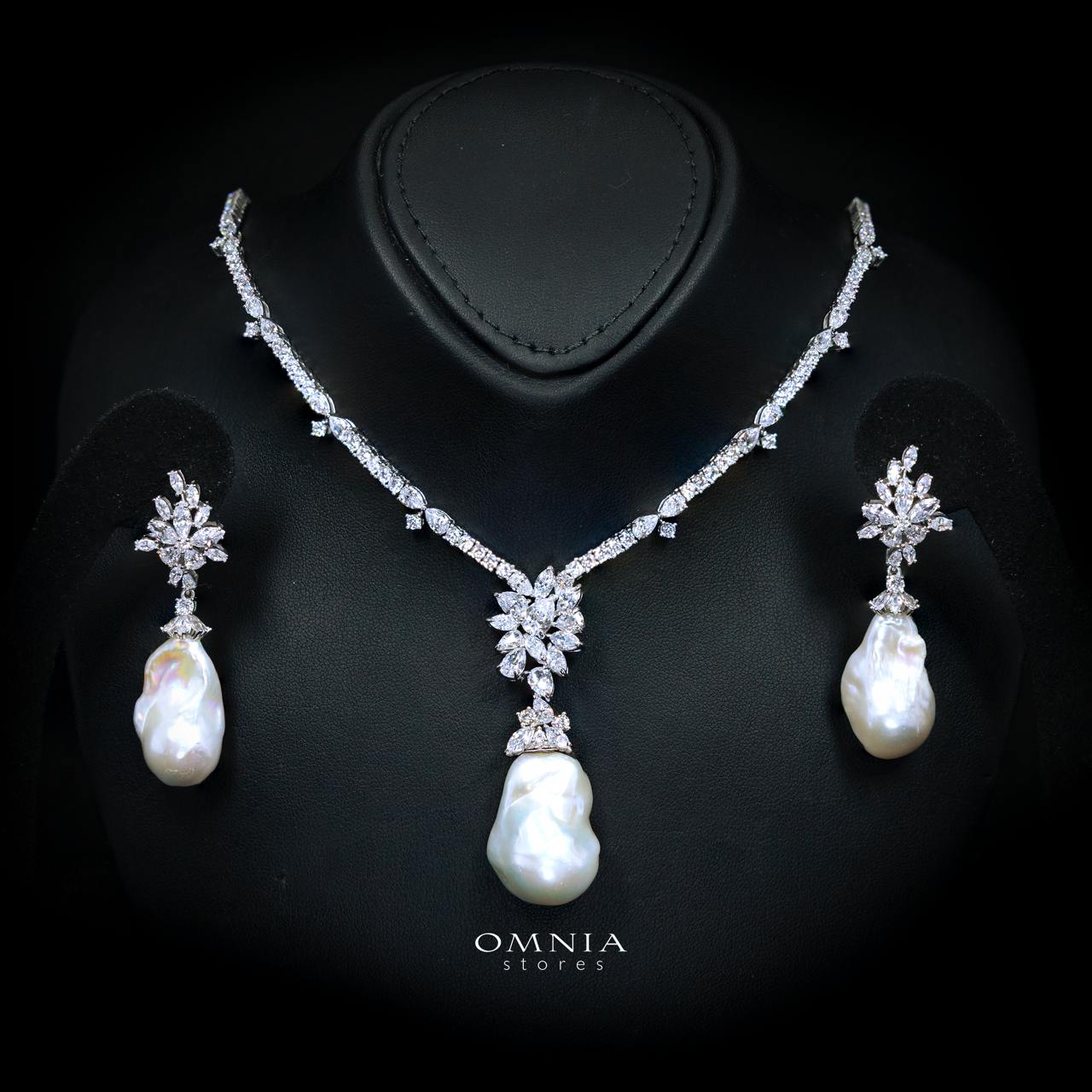 Ruhaina Pearl Necklace and Earrings Set with High-Quality Premium Simulated Diamonds in 925 Sterling Silver