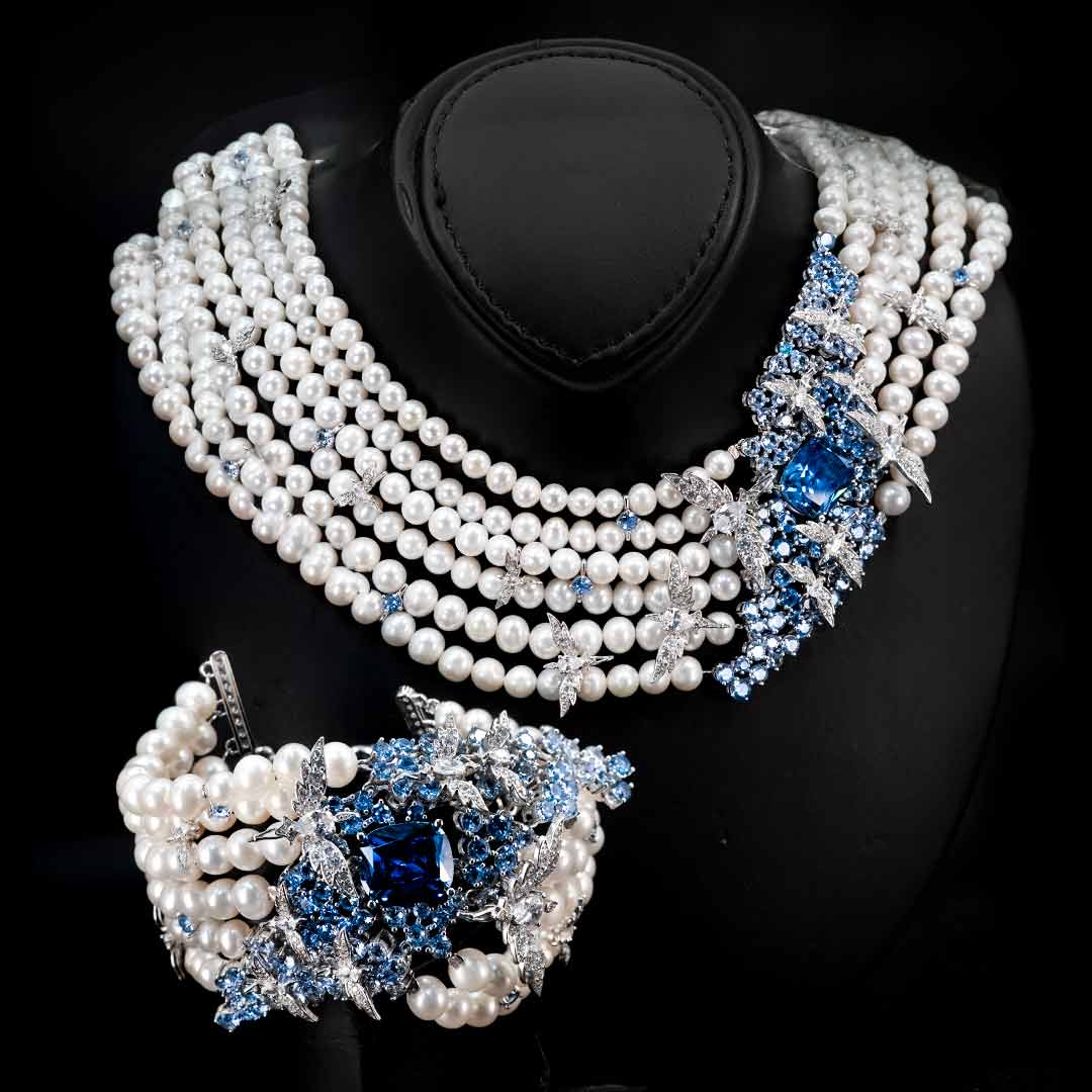 Omnia Blue Butterfly Pearl Necklace and Bracelet Set in 92.5 Silver with High Quality Simulated Diamonds