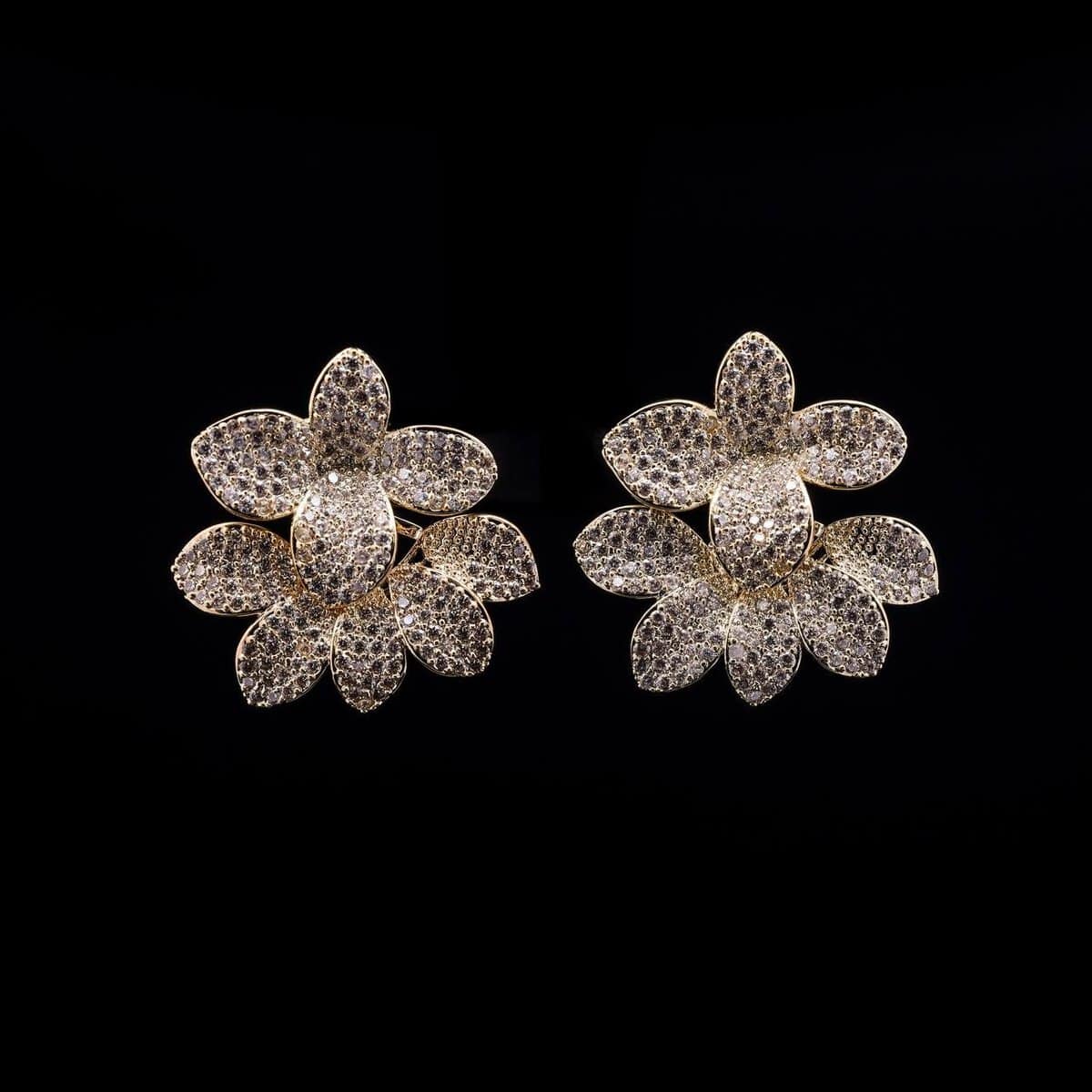 Omnia Flora White and Gold Blossom Earrings with Pave-Set High-Quality Zircon Stones and Teardrop Centerpiece in a Gold-Tone Rhodium Plated Finish - OMNIASTORES UAE