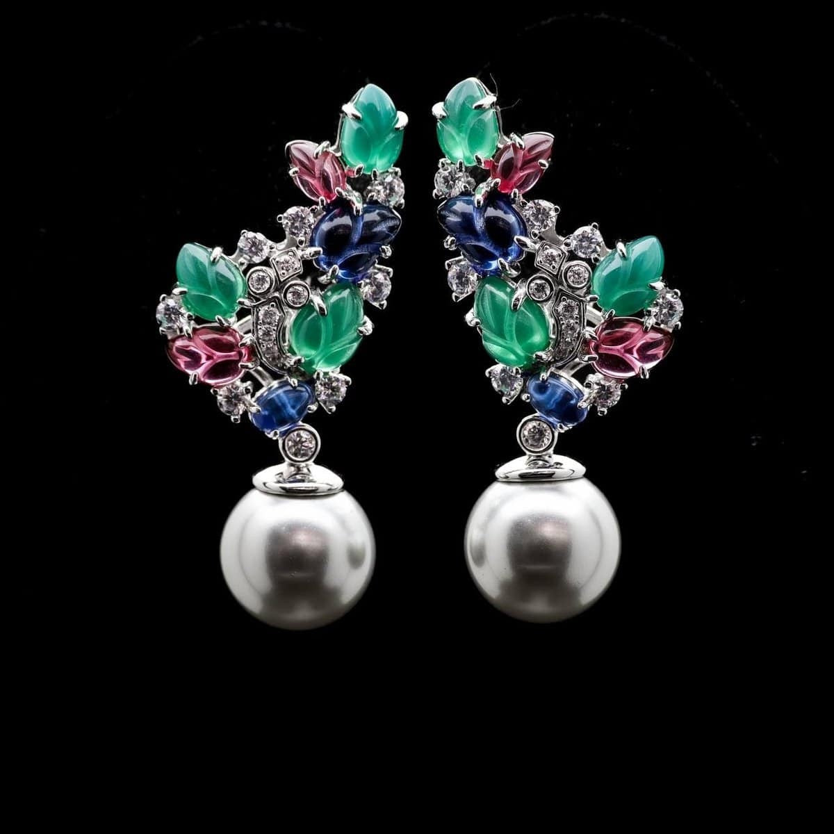 Omnia Leila Multicolor Floral Design Double Pearl Drop Earrings in 92.5 Silver with High-Quality Simulated Diamonds - OMNIASTORES UAE