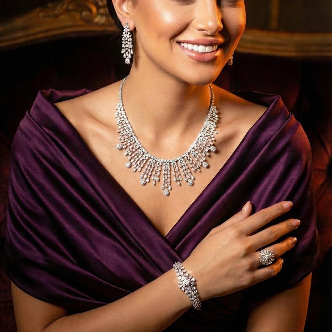 Omnia Adila White Luxury Bridal Full Set in High Quality Zircon Stone in Rhodium Plated