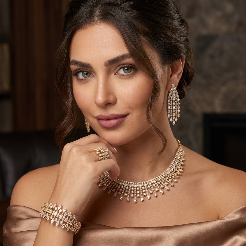 Ahlina Gold Bridal Full Set in High Quality Zircon Stone Rhodium Plated