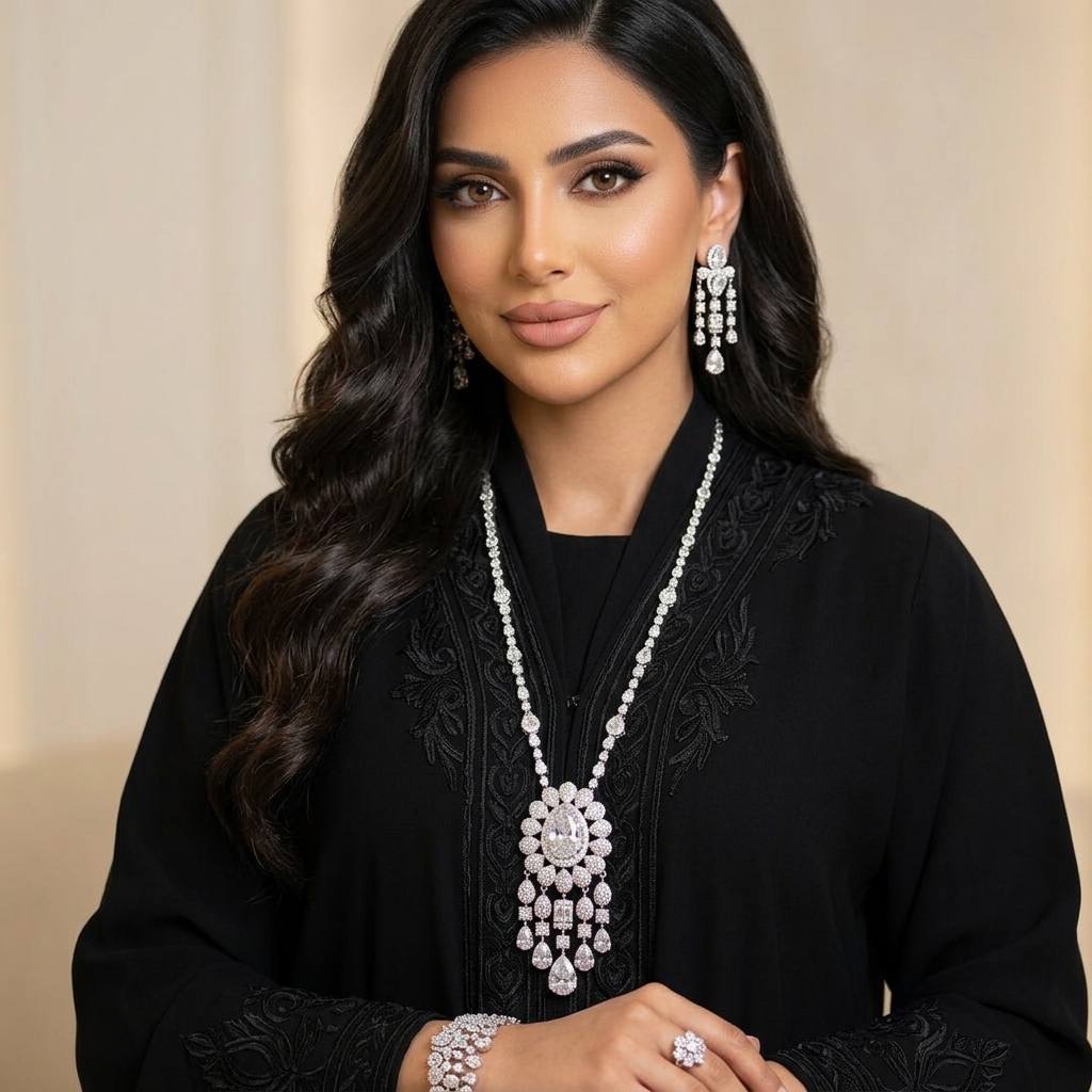 طقم زفاف أمنية أليا الأبيض الكامل الطويل مرصع بألماس محاكي عالي الجودة