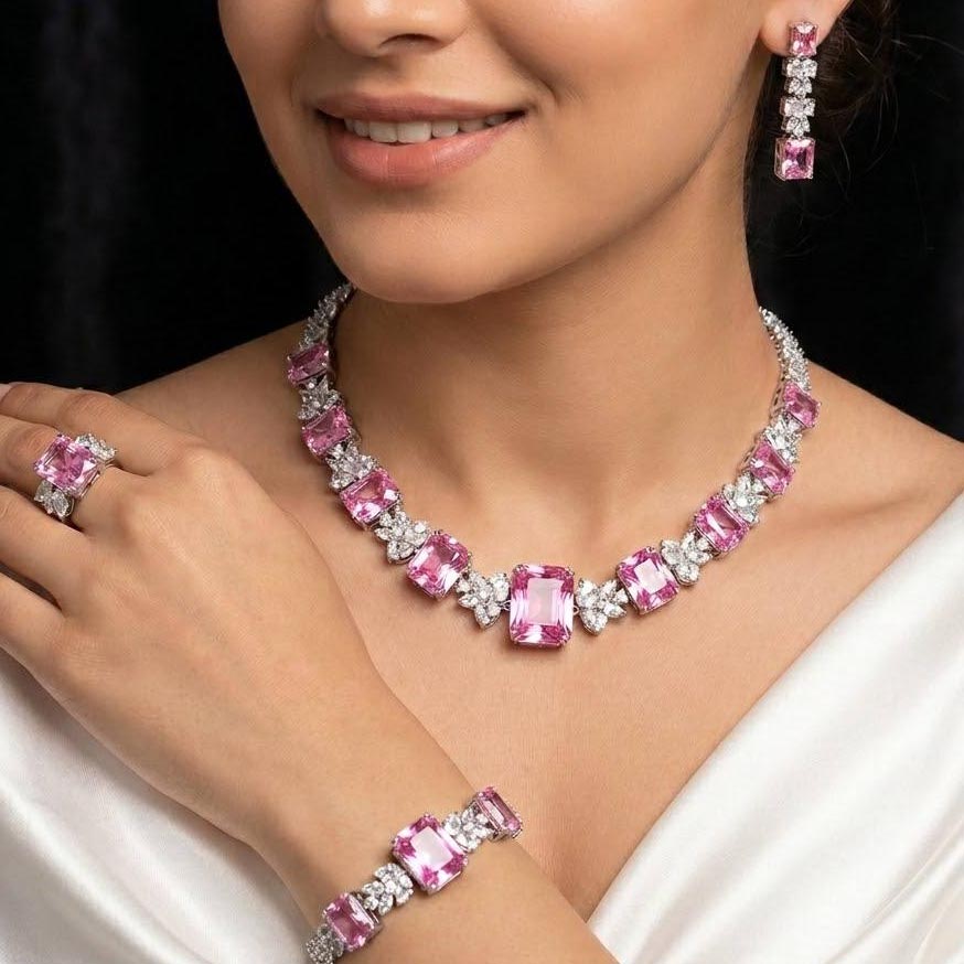 Omnia Amelia Pink Bridal Full Set with High-Quality Simulated Diamonds Rhodium Plated