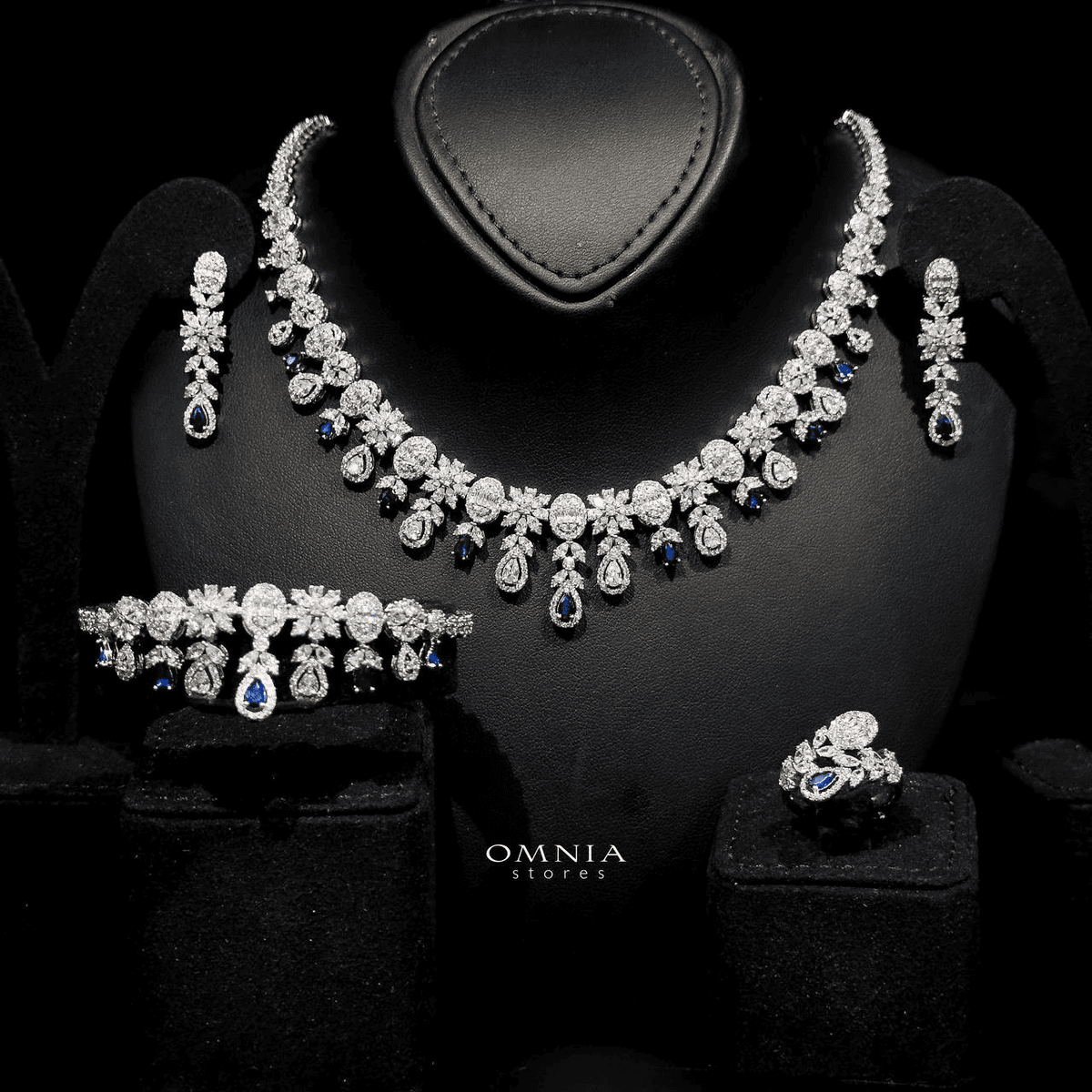 Omnia Trisha Blue Bridal Full Set Accessories in High Quality Zircon Stone Rhodium Plated - OMNIASTORES UAE