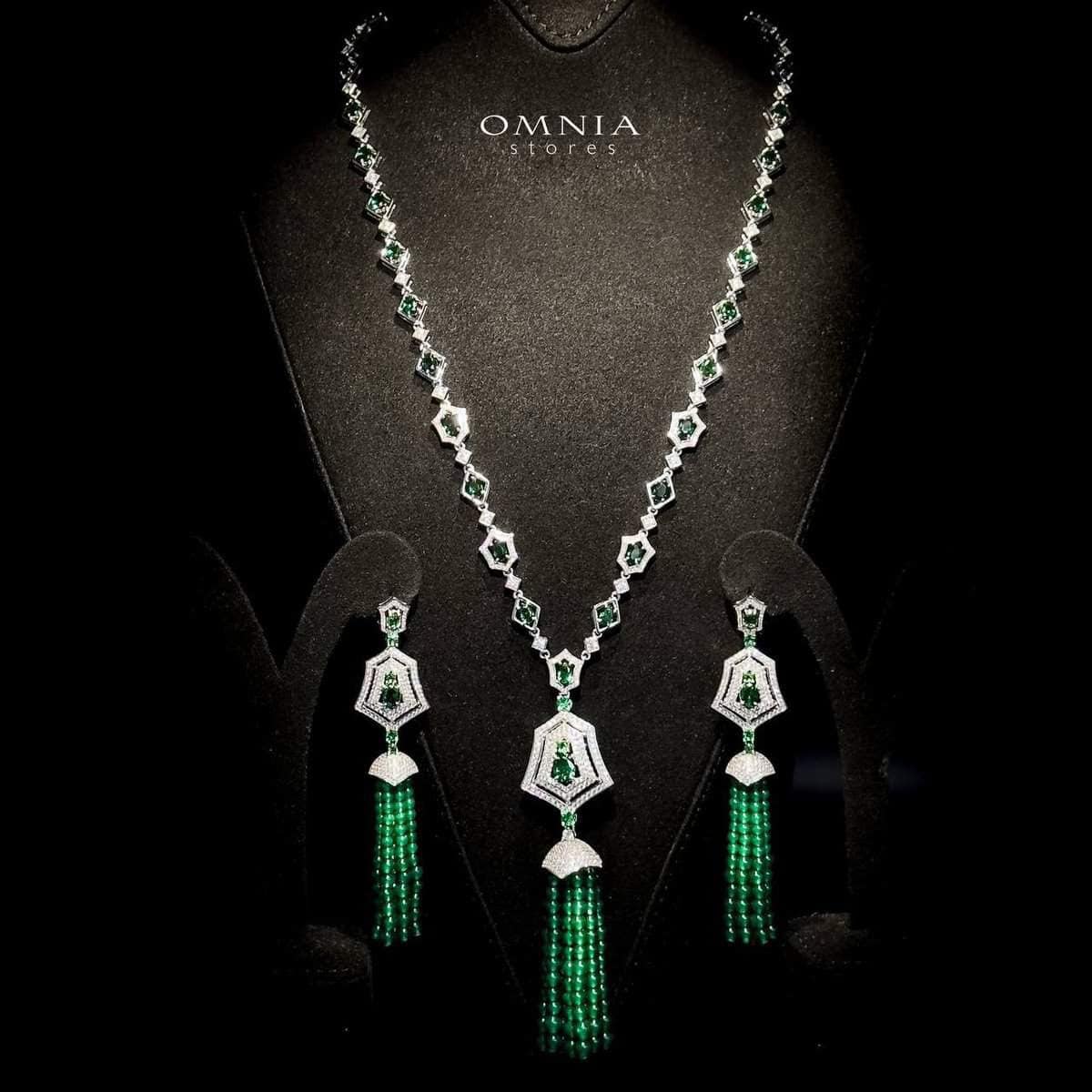 Omnia Najma Green Set in 92.5 Silver with High Quality Simulated Diamonds and Green Tassel Accents - OMNIASTORES UAE