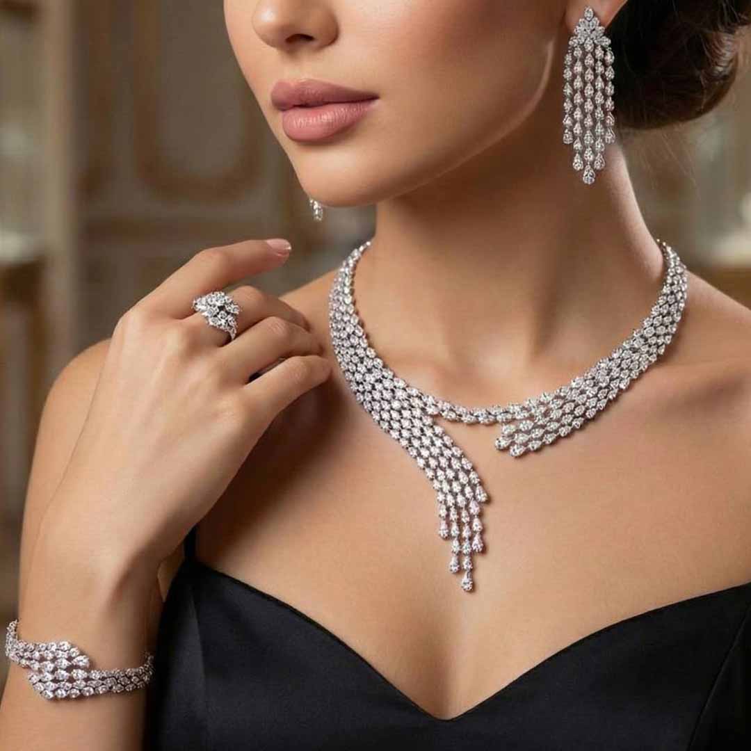 Omnia Beretta Luxury White Bridal Full Set in High Quality Zircon Stone Rhodium Plated (18cm only Available in KSA)