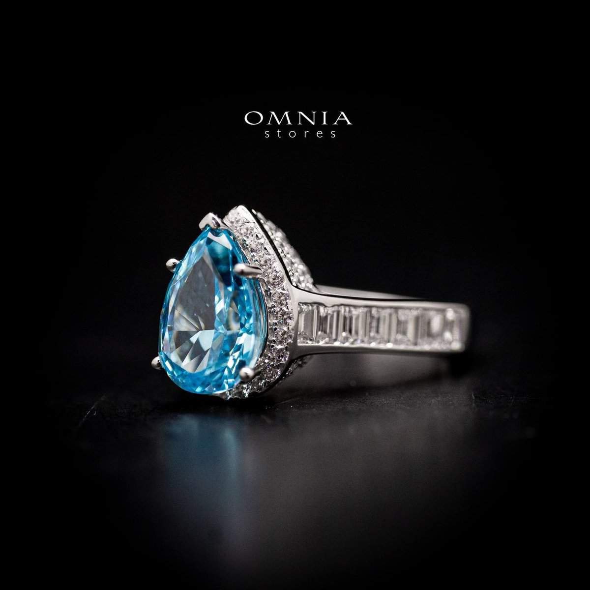 Omnia Layal Pear Shaped Sky Blue Ring in 92.5 Silver with High Quality Simulated Diamonds - OMNIASTORES UAE