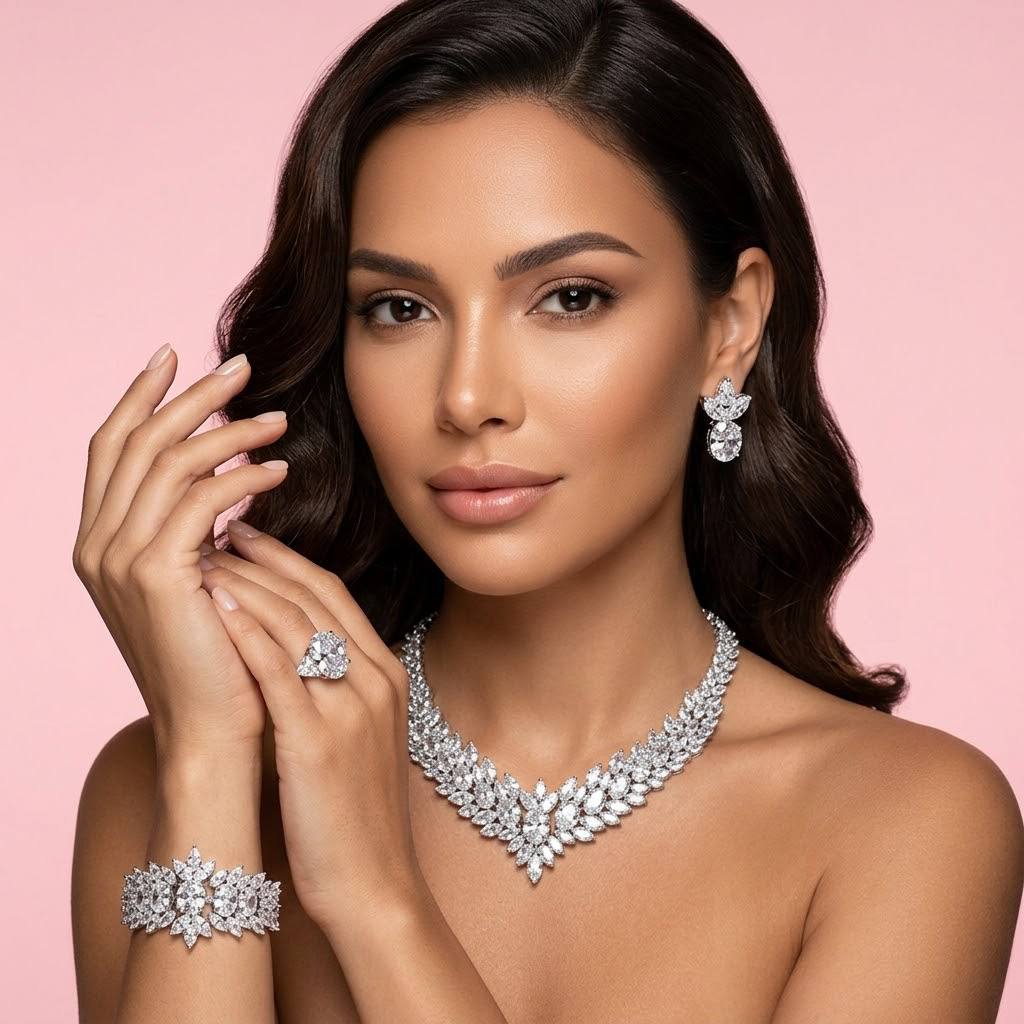 Omnia Buthaina Pure White Luxury Bridal Full Set High Quality Simulated Diamonds