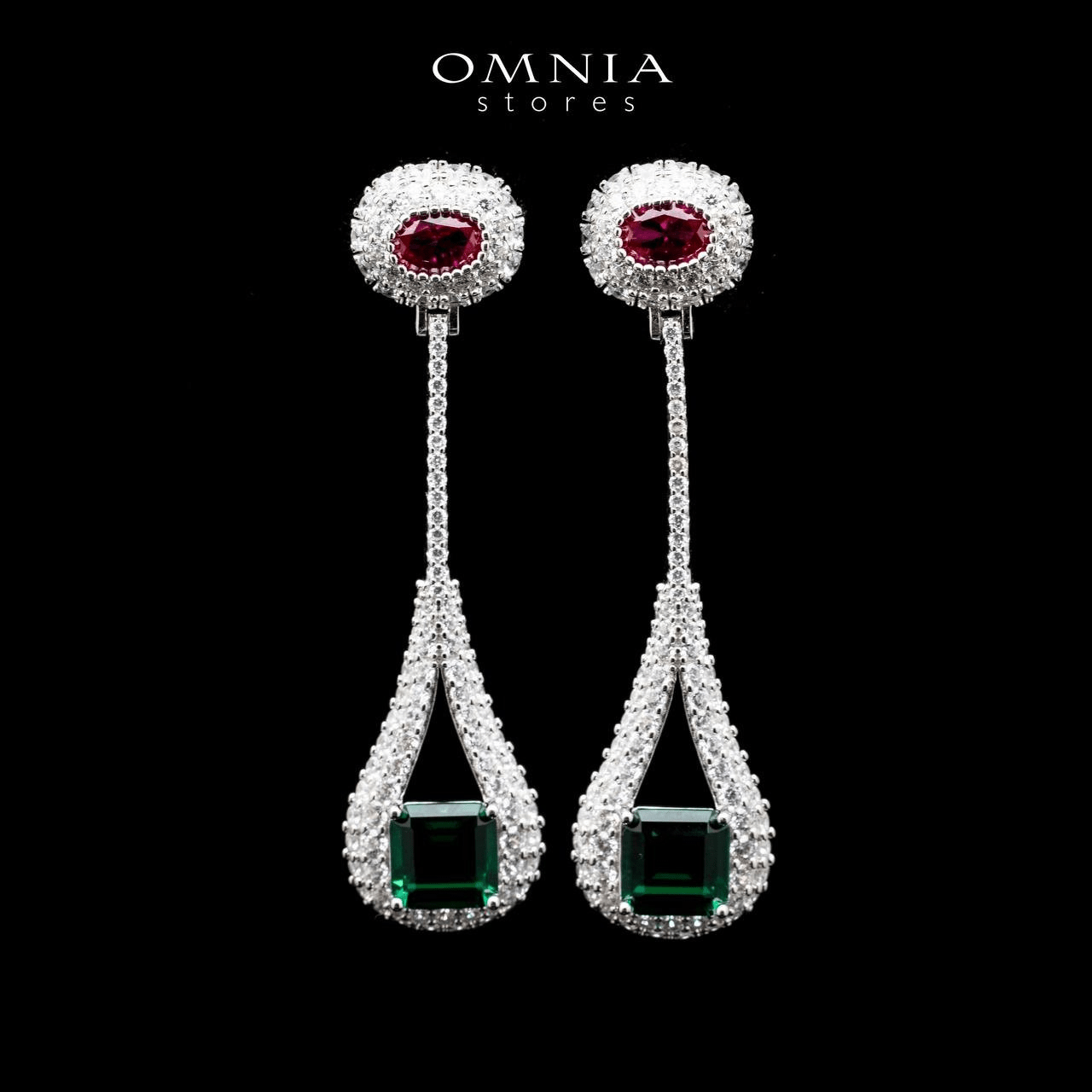 Omnia Sabah Oval and Emerald Cut Long Drop Earrings in 92.5 Silver with High Quality Simulated Diamonds - OMNIASTORES UAE