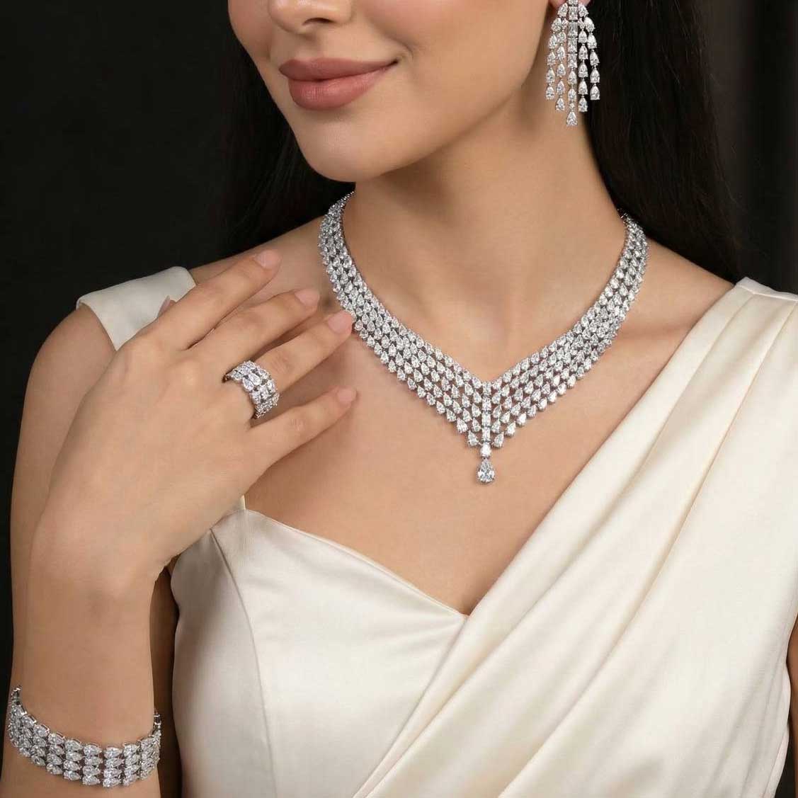 Omnia Carina White Luxury Bridal Full Set in High Quality Rhodium Plated Zircon Stones - OMNIASTORES UAE