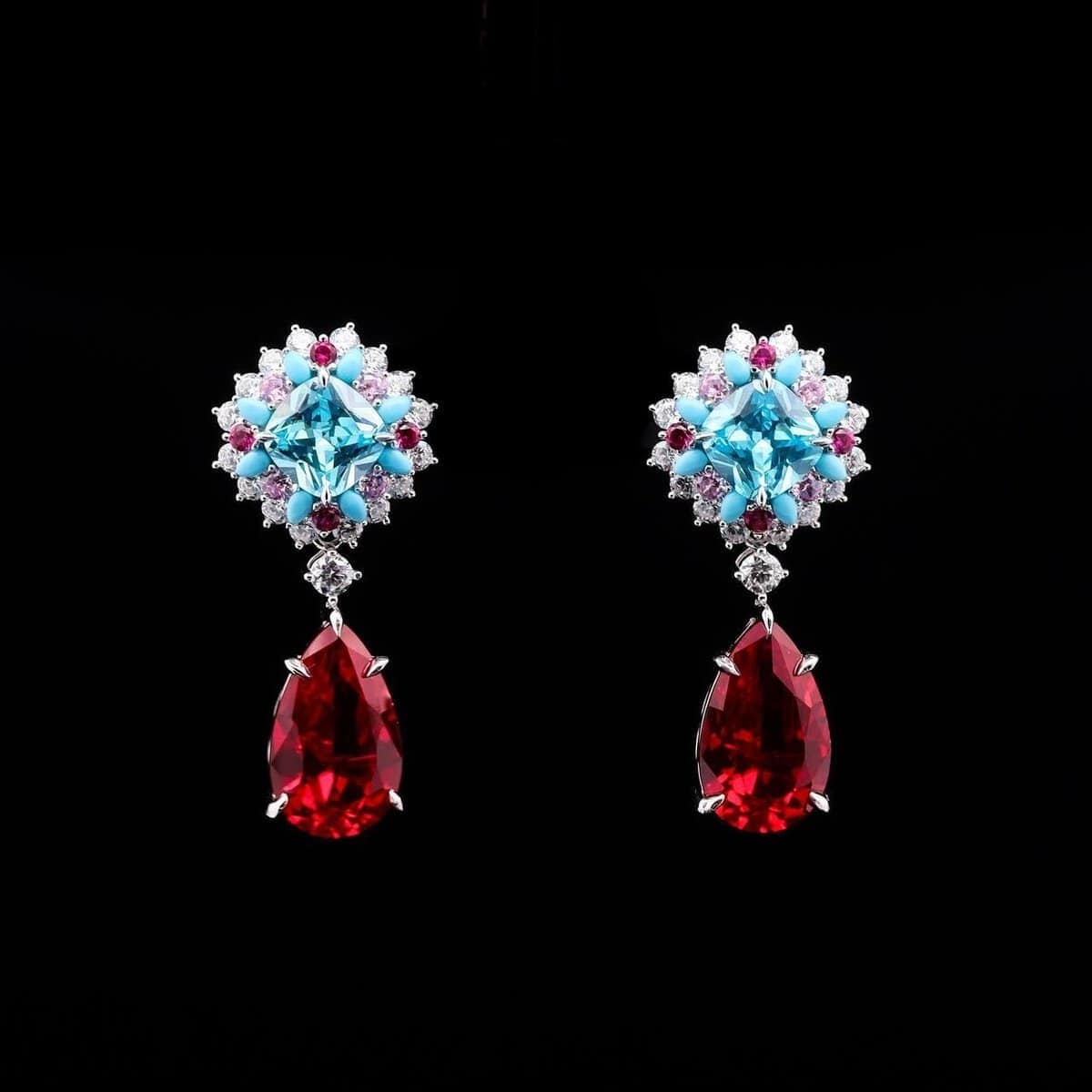 Omnia Radiant Drop Earrings with Sky Blue and Ruby Red Teardrop Stones in 92.5 Silver - OMNIASTORES UAE